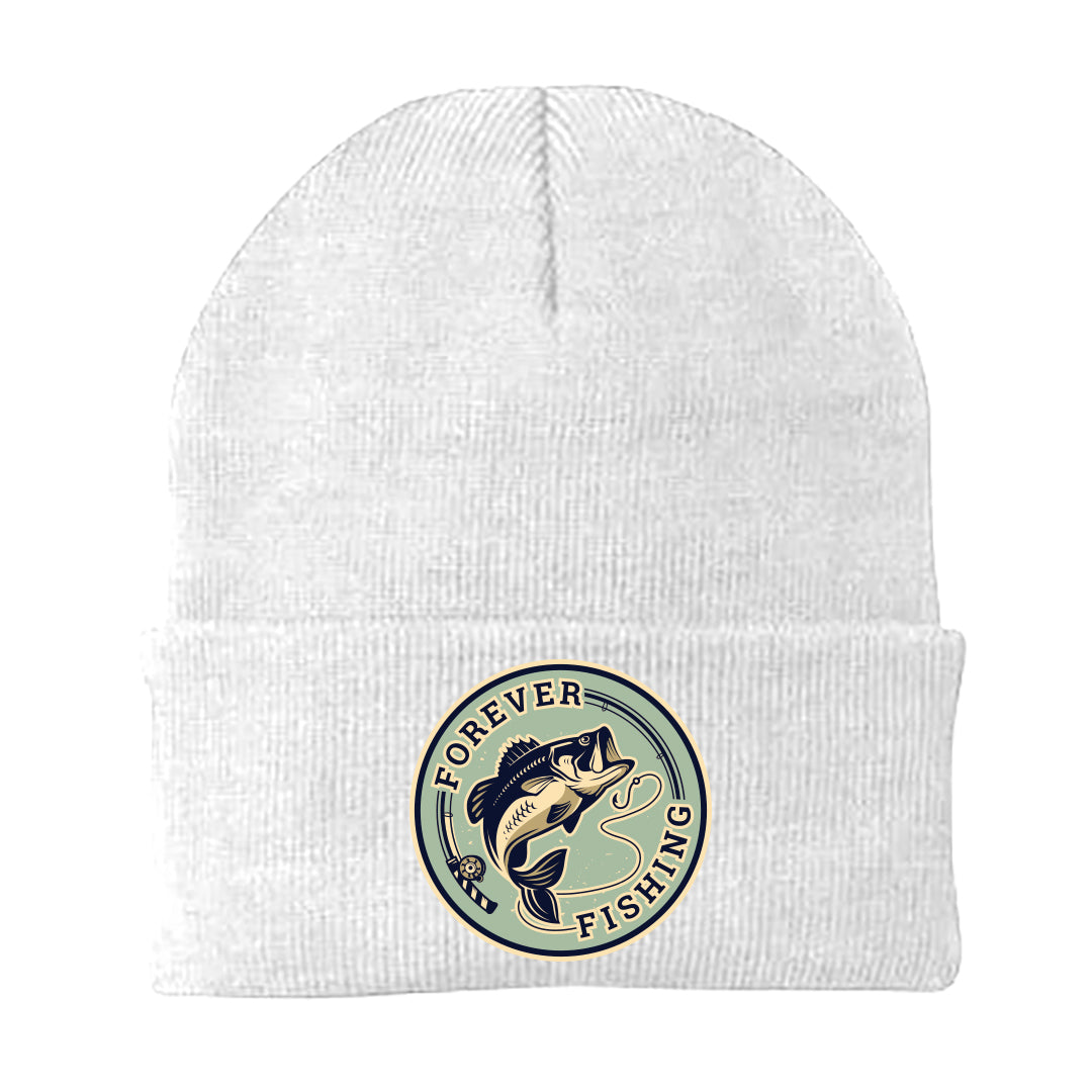 Forever Fishing Embroidered Beanie in a cozy fit, showcasing stylish embroidery for outdoor enthusiasts.