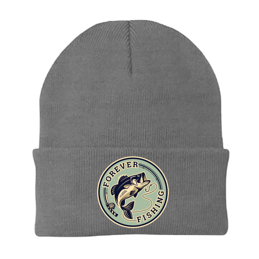 Forever Fishing Embroidered Beanie in a cozy fit, showcasing stylish embroidery for outdoor enthusiasts.