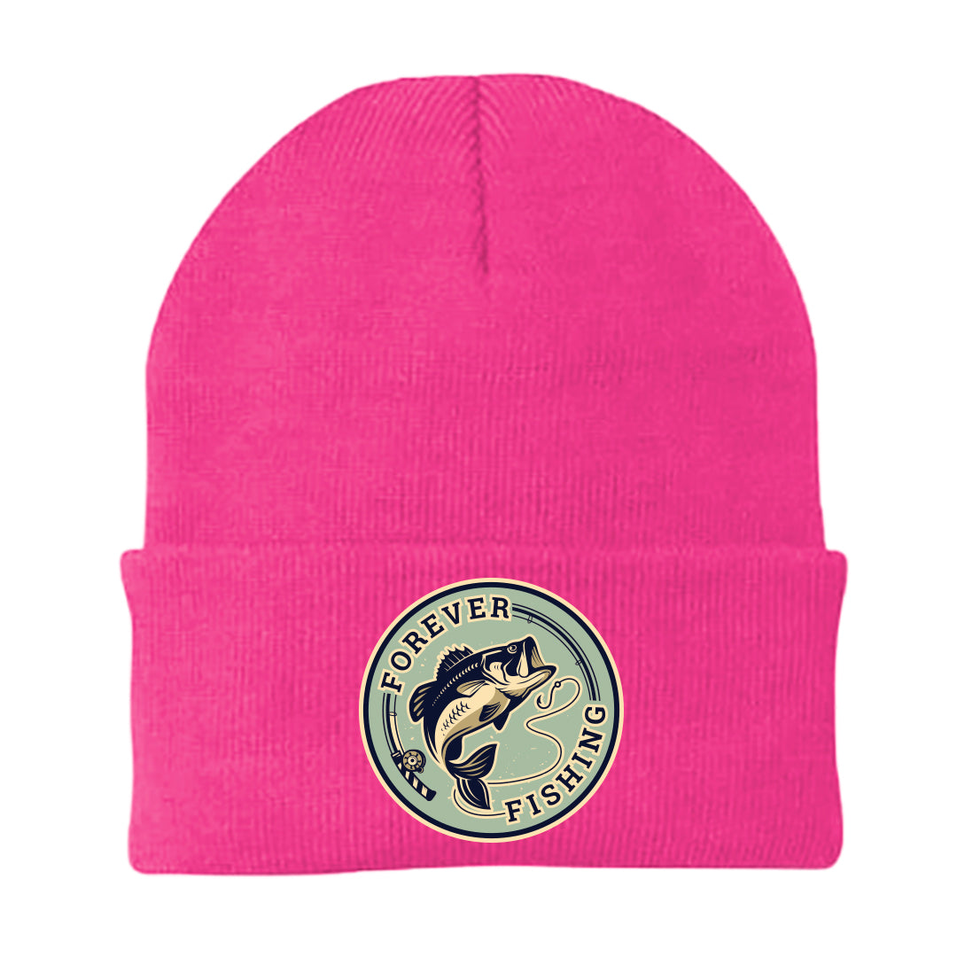 Forever Fishing Embroidered Beanie in a cozy fit, showcasing stylish embroidery for outdoor enthusiasts.