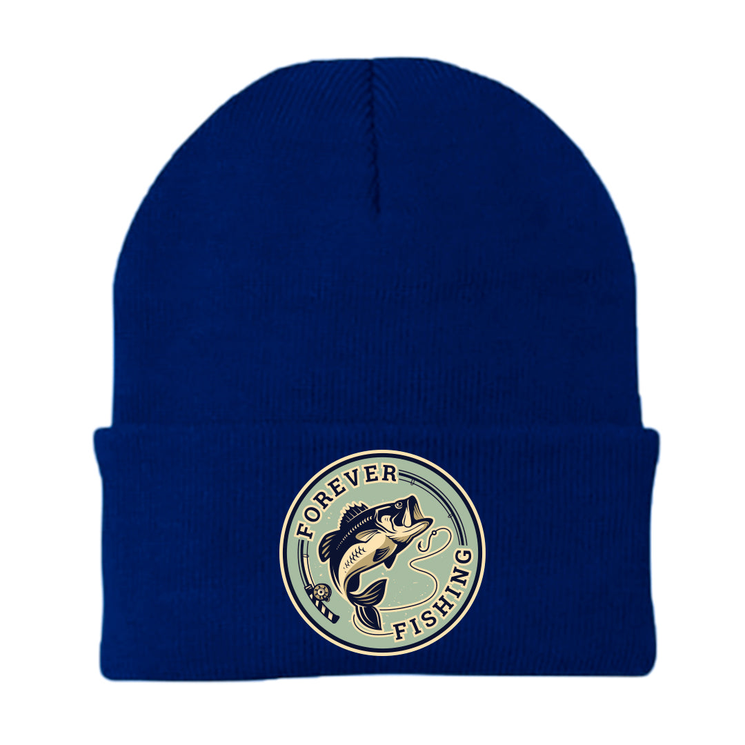 Forever Fishing Embroidered Beanie in a cozy fit, showcasing stylish embroidery for outdoor enthusiasts.