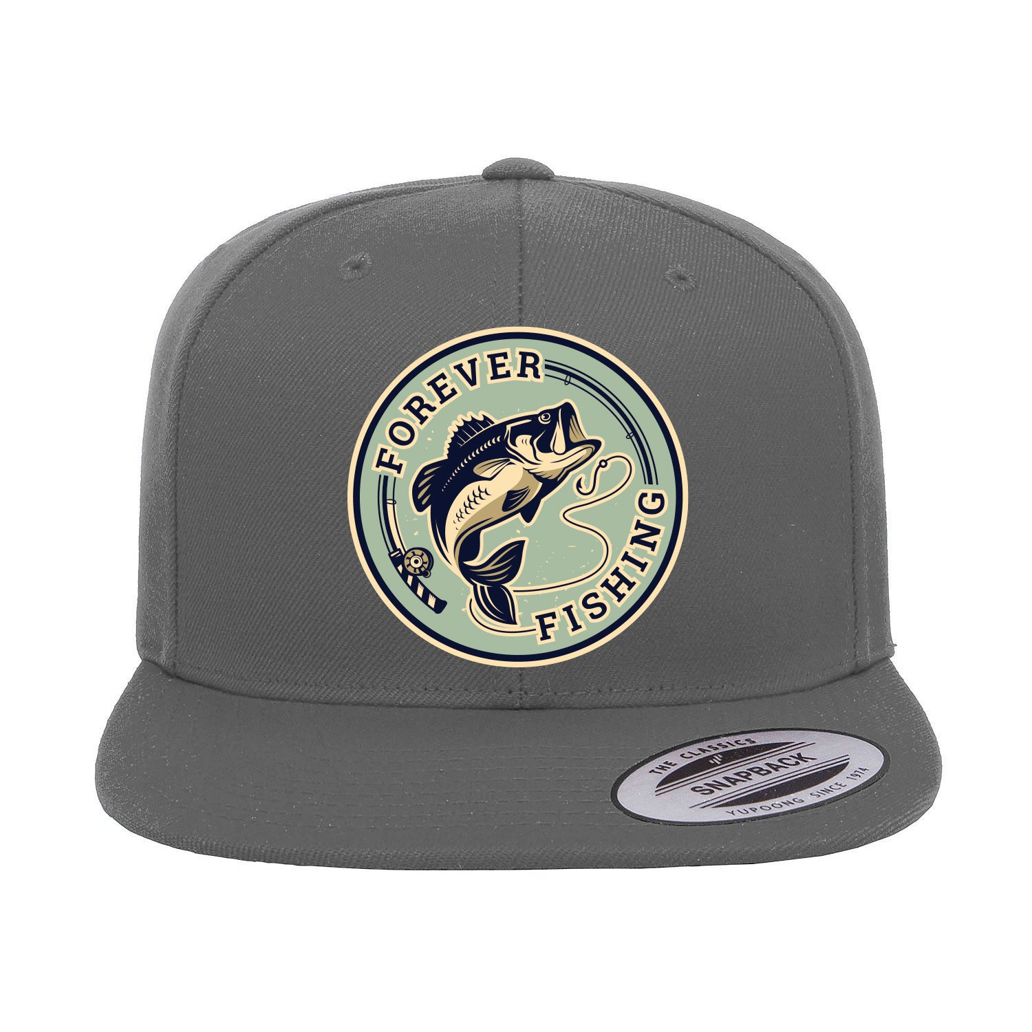 Forever Fishing Embroidered Flat Bill Cap showcasing a structured design with a flat bill, green under visor, and snapback closure, perfect for outdoor activities.