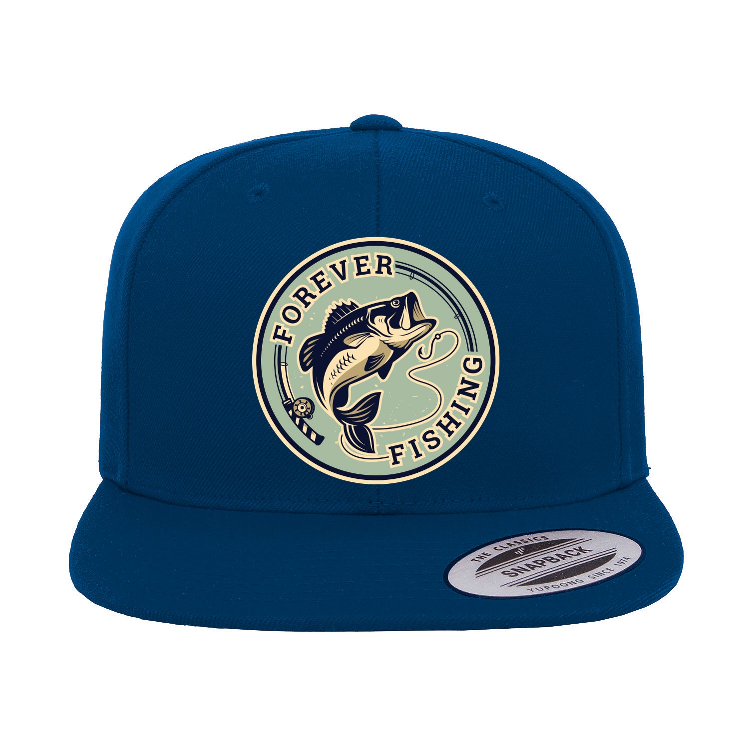 Forever Fishing Embroidered Flat Bill Cap showcasing a structured design with a flat bill, green under visor, and snapback closure, perfect for outdoor activities.