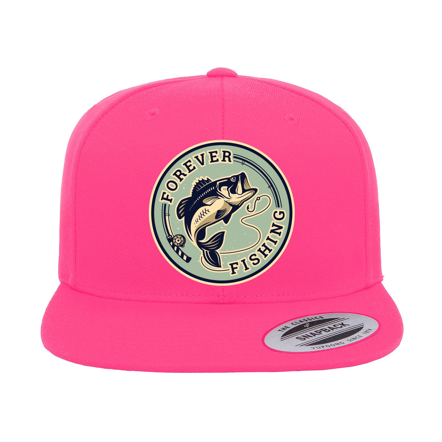 Forever Fishing Embroidered Flat Bill Cap showcasing a structured design with a flat bill, green under visor, and snapback closure, perfect for outdoor activities.