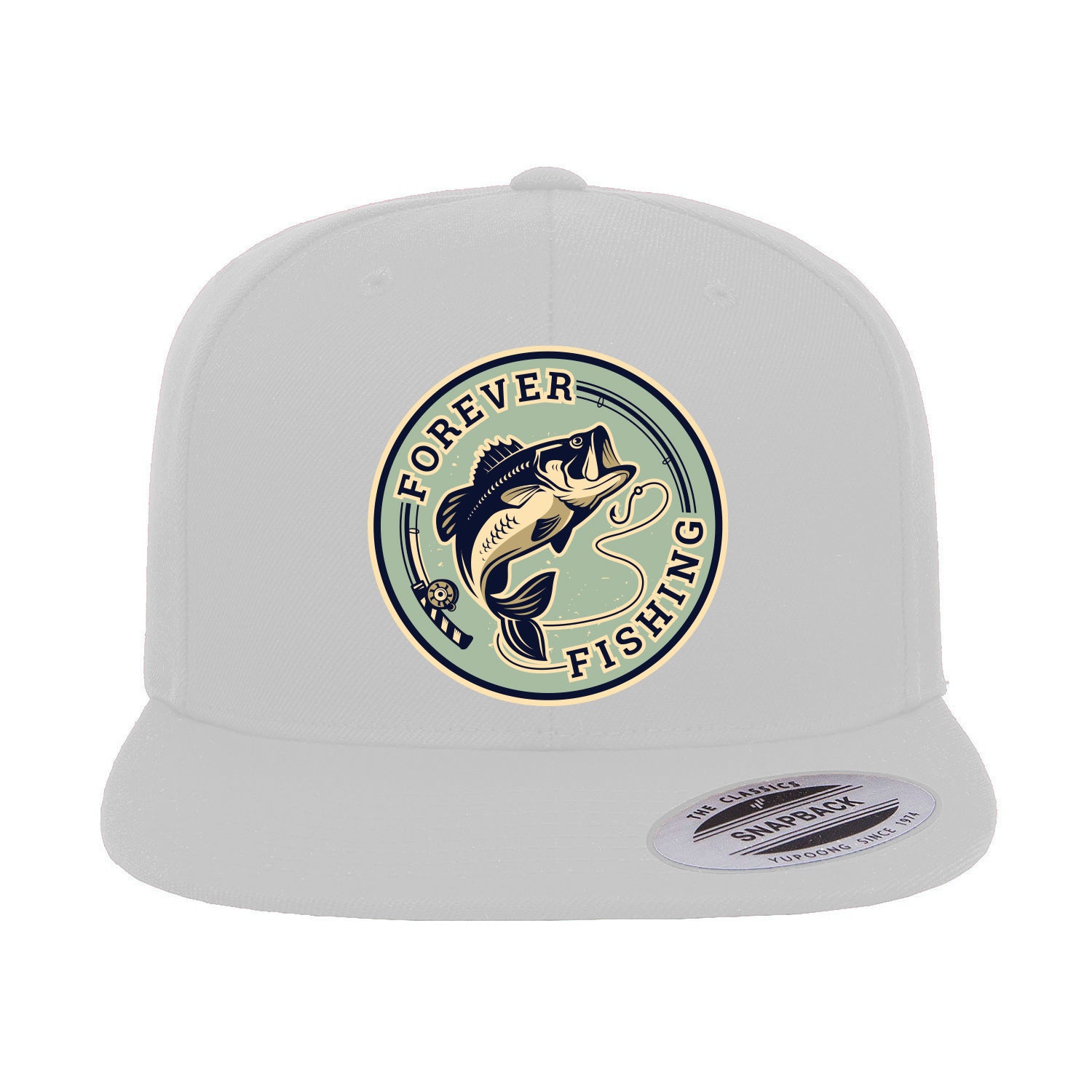 Forever Fishing Embroidered Flat Bill Cap showcasing a structured design with a flat bill, green under visor, and snapback closure, perfect for outdoor activities.