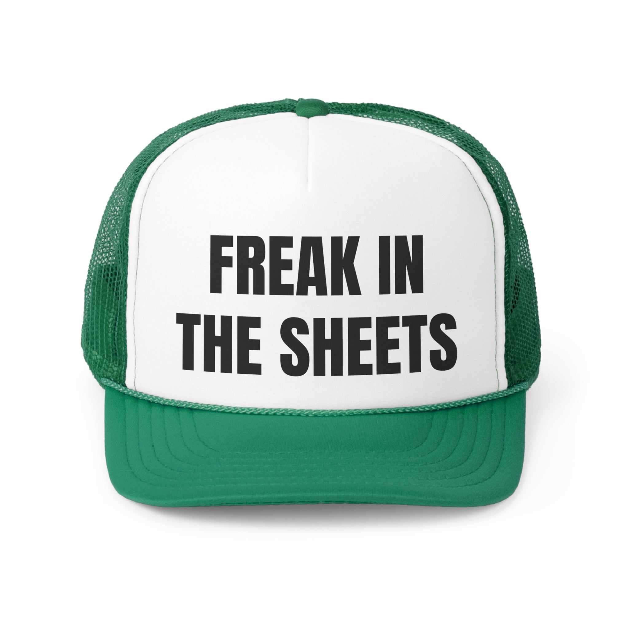 Freak In The Sheets Funny Trucker Hat featuring a humorous slogan on a durable polyester front and breathable nylon mesh back.