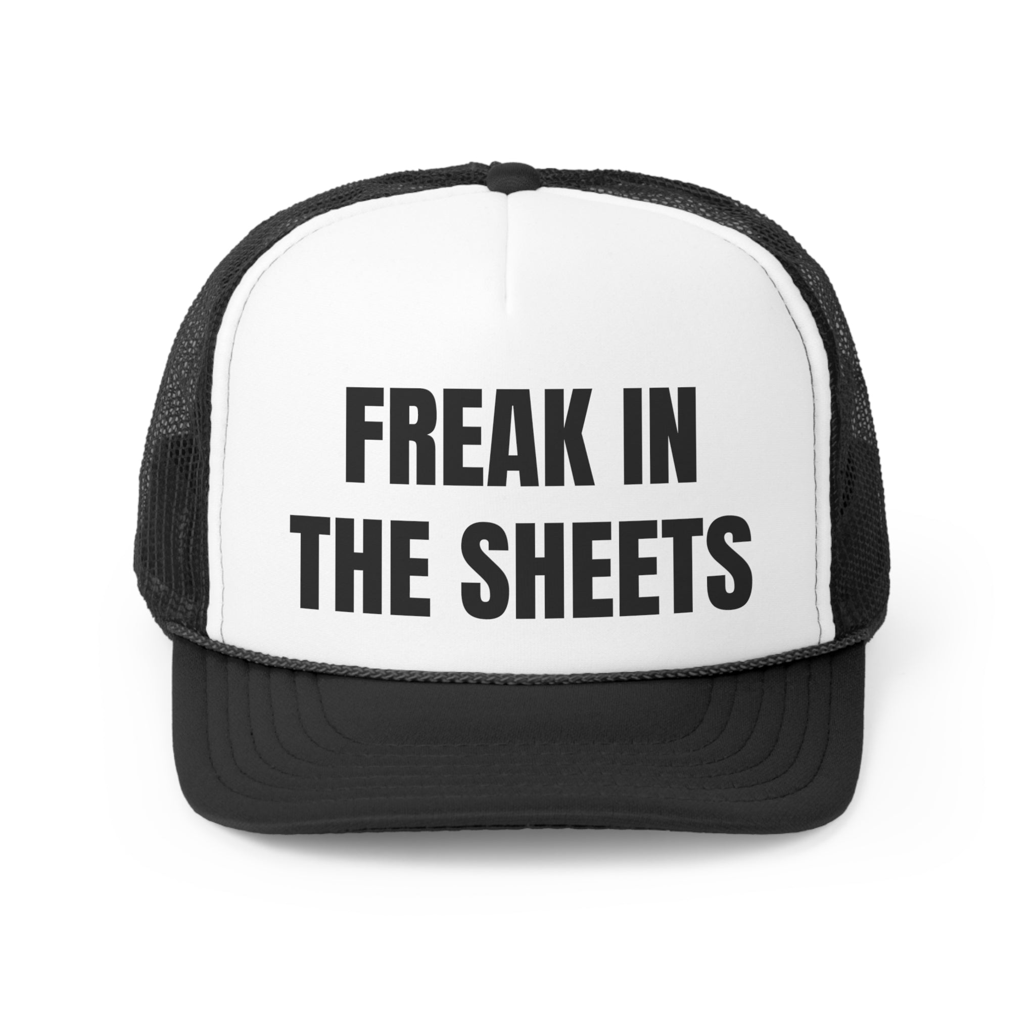 Freak In The Sheets Funny Trucker Hat featuring a humorous slogan on a durable polyester front and breathable nylon mesh back.