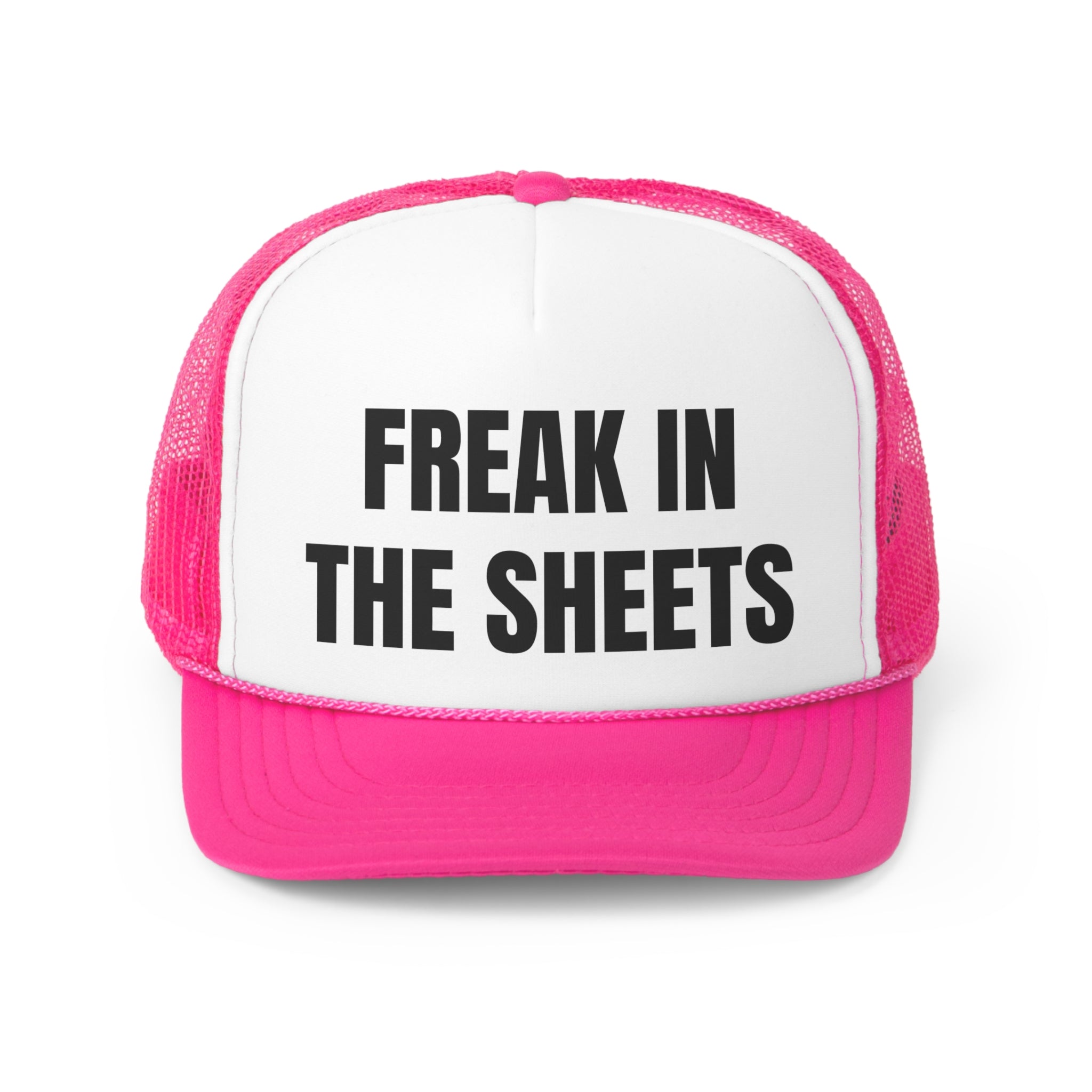 Freak In The Sheets Funny Trucker Hat featuring a humorous slogan on a durable polyester front and breathable nylon mesh back.