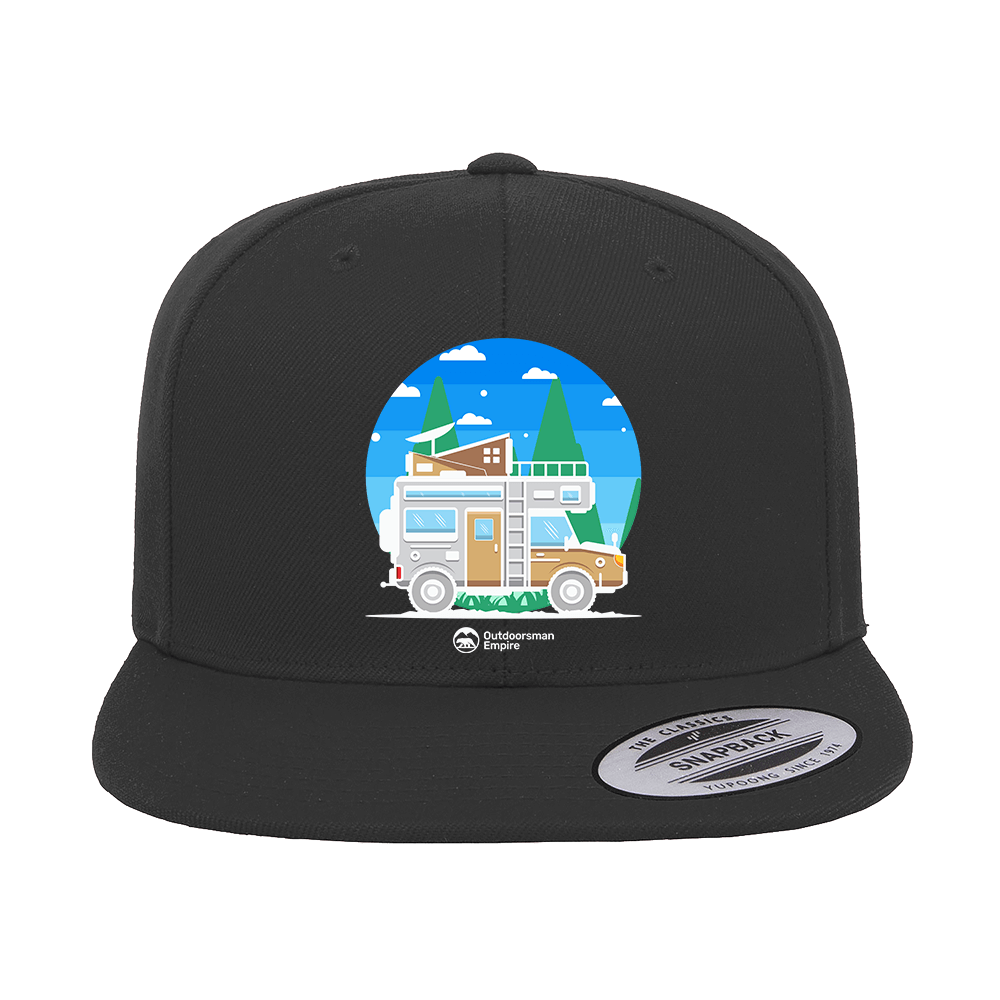 Funny Camping Printed Flat Bill Cap with green under visor and structured design, suitable for men and women.