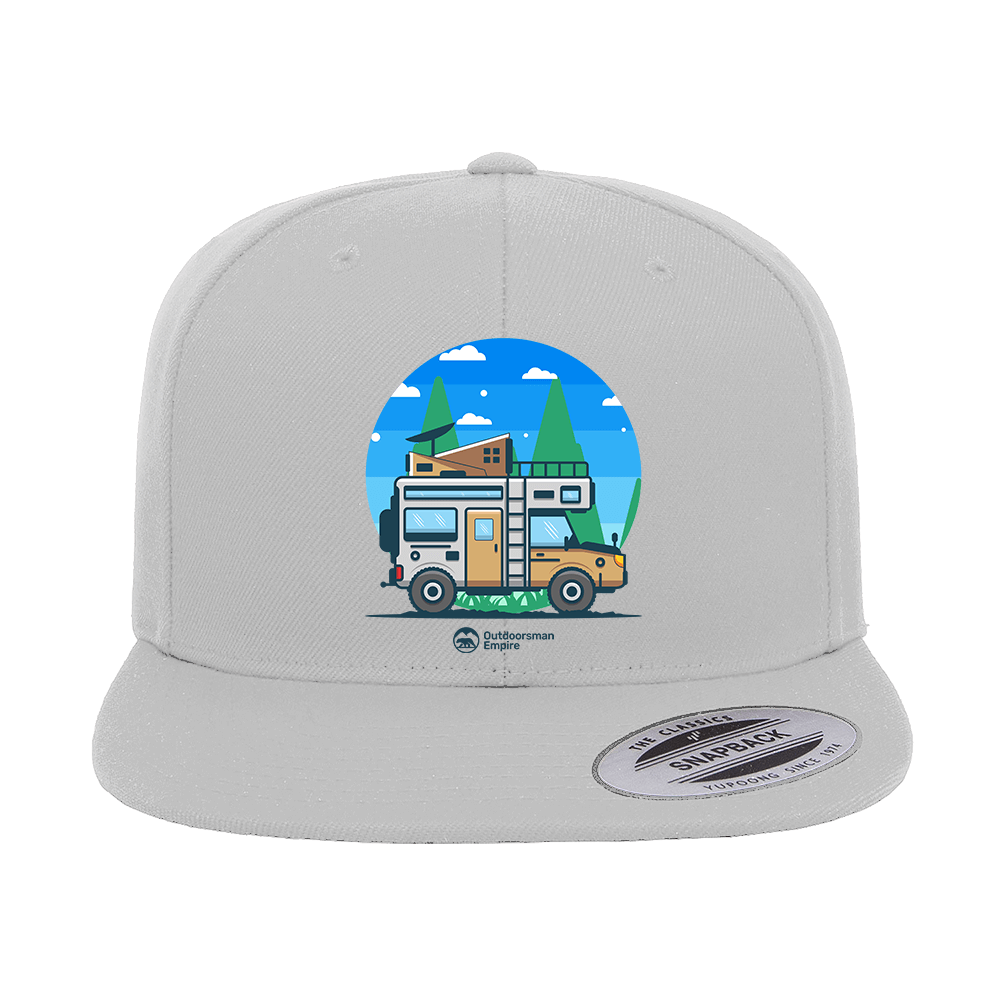 Funny Camping Printed Flat Bill Cap with green under visor and structured design, suitable for men and women.