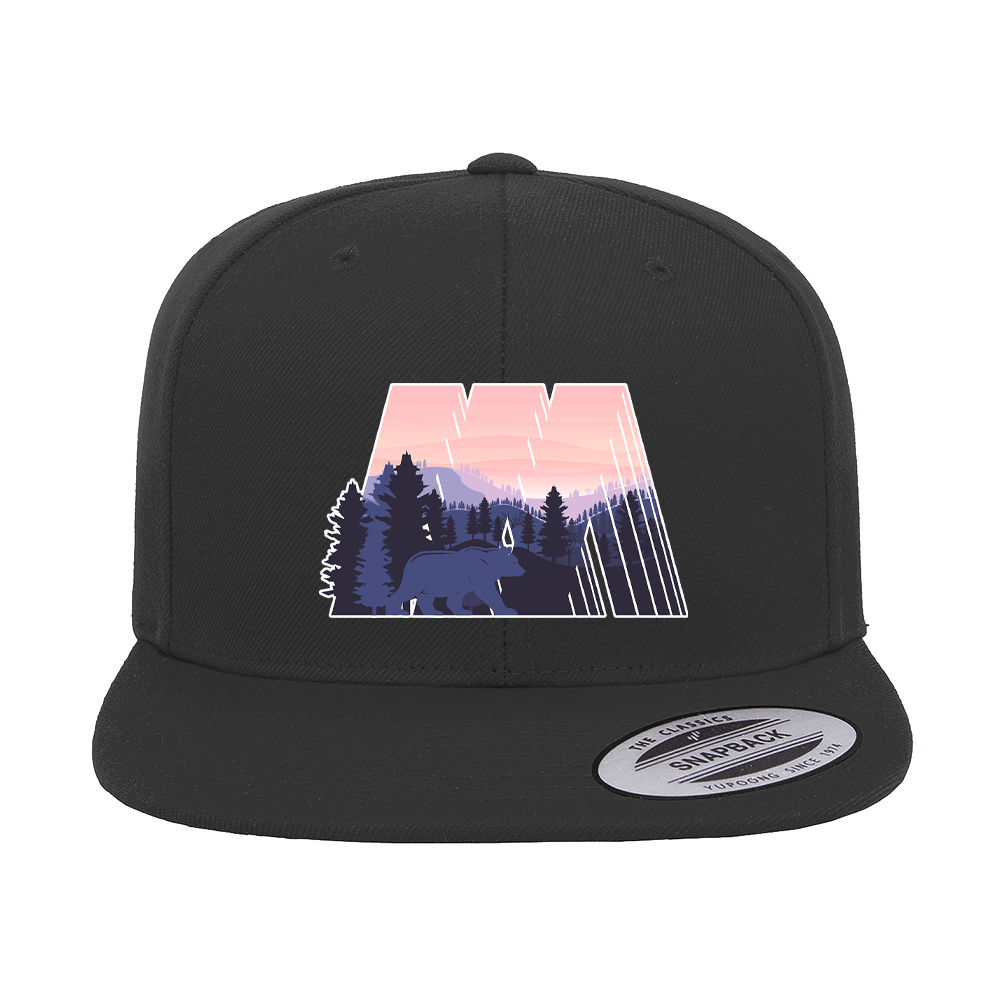 Geometric Camping Printed Flat Bill Cap featuring a vibrant design, high-profile fit, and green under visor, suitable for men and women.