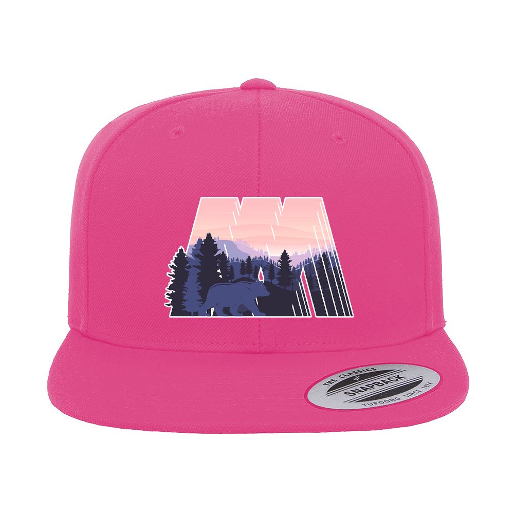 Geometric Camping Printed Flat Bill Cap featuring a vibrant design, high-profile fit, and green under visor, suitable for men and women.