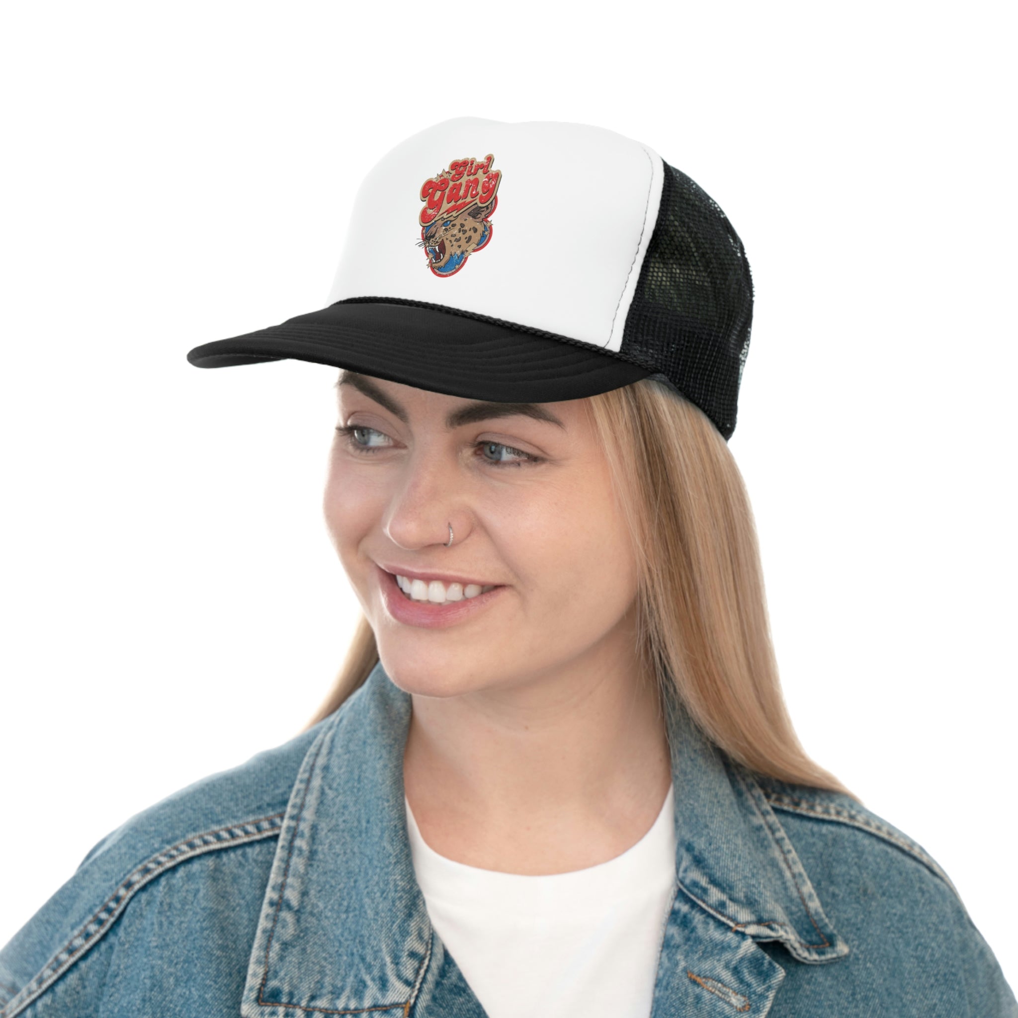 Girl Gang Trucker Hat featuring a stylish design with a durable polyester front and breathable nylon mesh back, perfect for casual wear.