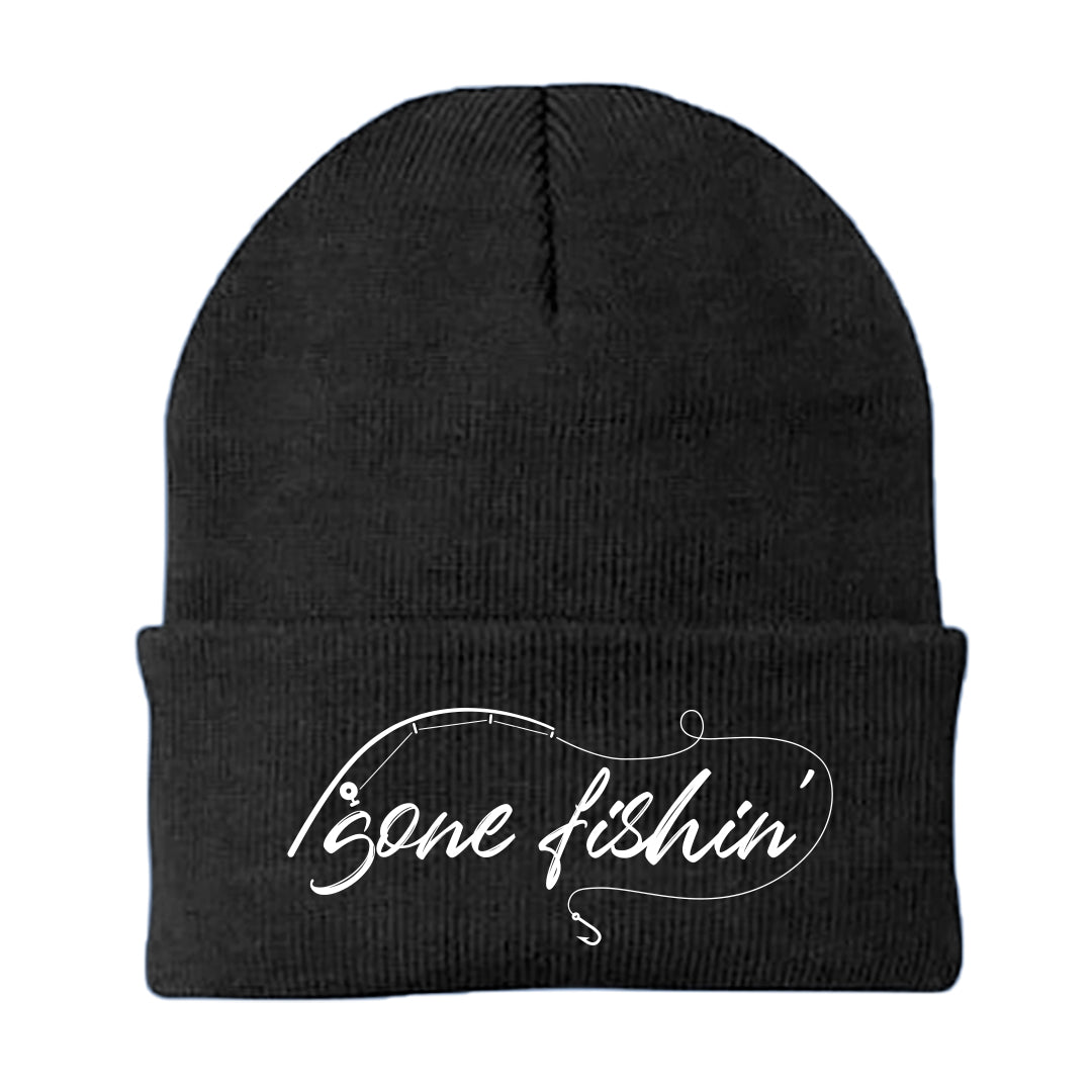 Gone Fishing v2 Embroidered Beanie in a cozy fit, showcasing its stylish design and quality fabric blend.