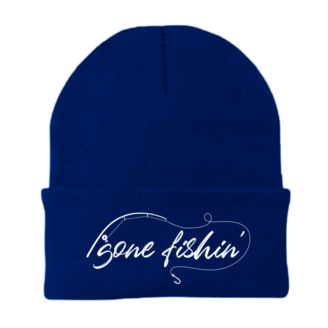 Gone Fishing v2 Embroidered Beanie in a cozy fit, showcasing its stylish design and quality fabric blend.