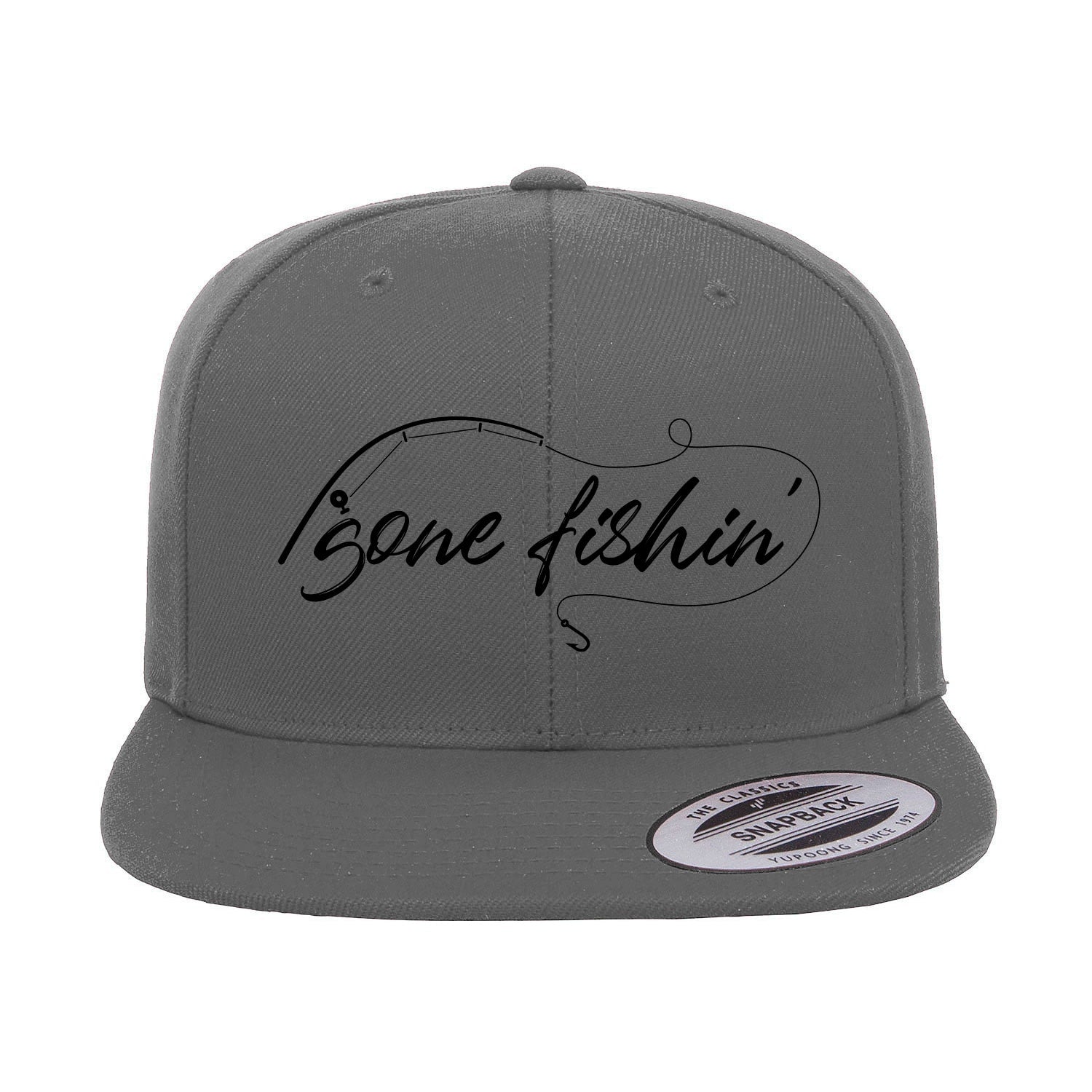 Gone Fishing with Rod Embroidered Flat Bill Cap featuring a structured design, green under visor, and snapback closure, perfect for fishing enthusiasts.