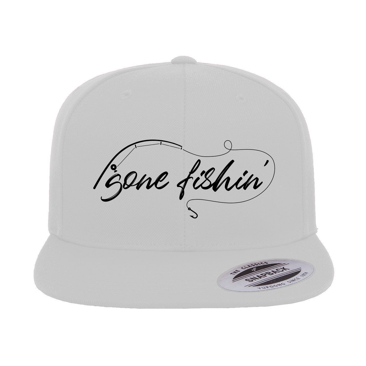 Gone Fishing with Rod Embroidered Flat Bill Cap featuring a structured design, green under visor, and snapback closure, perfect for fishing enthusiasts.