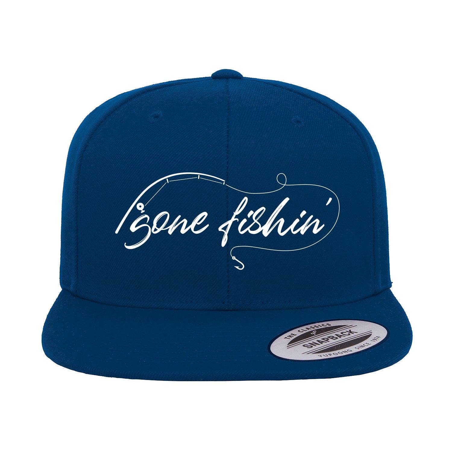 Gone Fishing with Rod Embroidered Flat Bill Cap featuring a structured design, green under visor, and snapback closure, perfect for fishing enthusiasts.