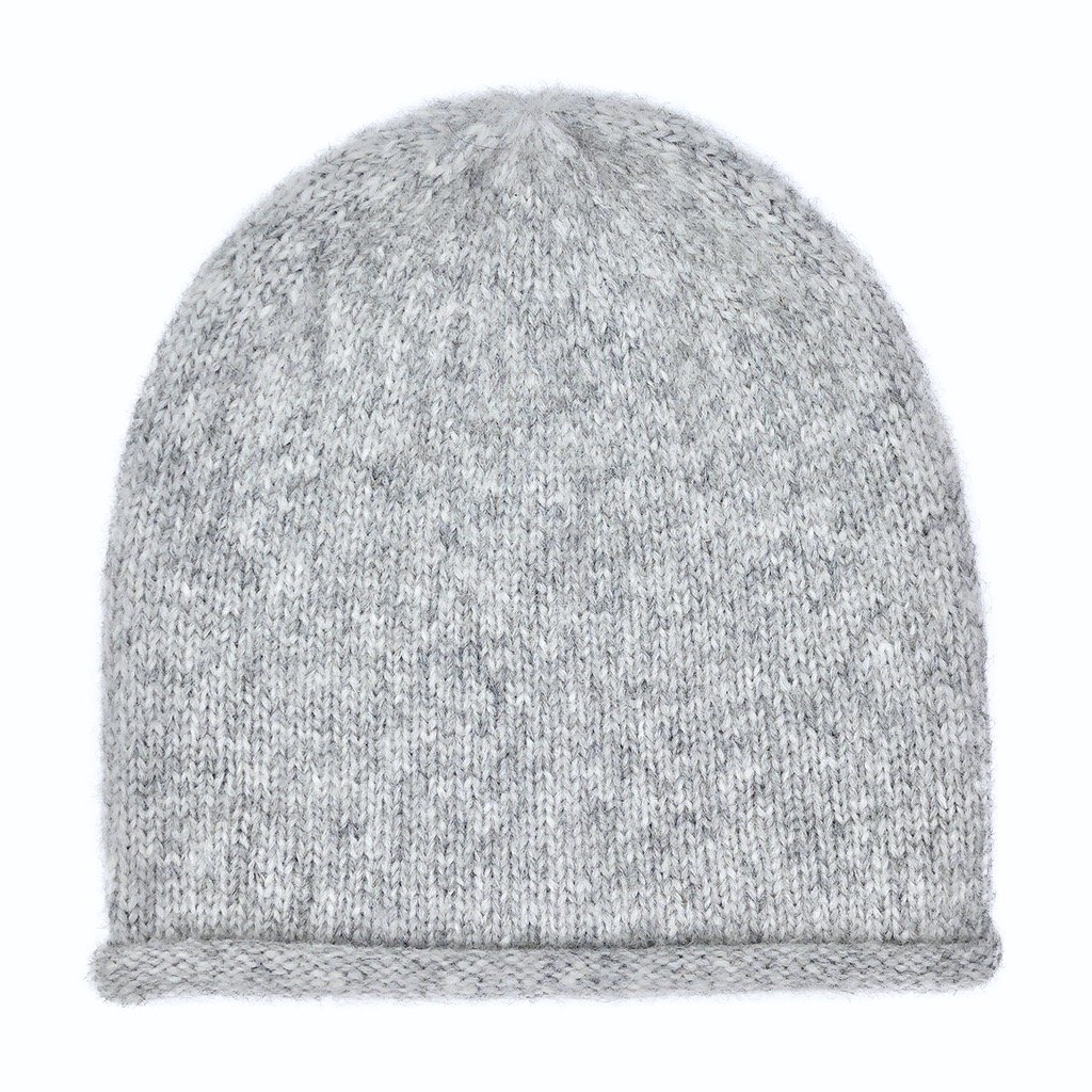 Gray Essential Knit Alpaca Beanie, handmade in Peru, showcasing its soft texture and slouchy design.