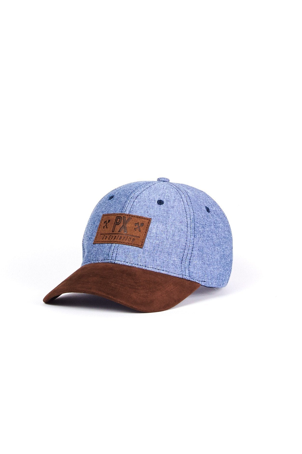 Blue and brown baseball cap.