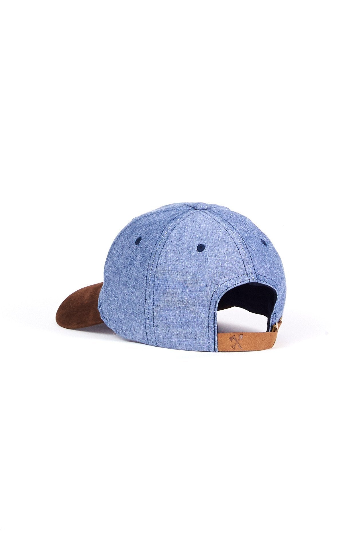 Back of blue baseball cap.