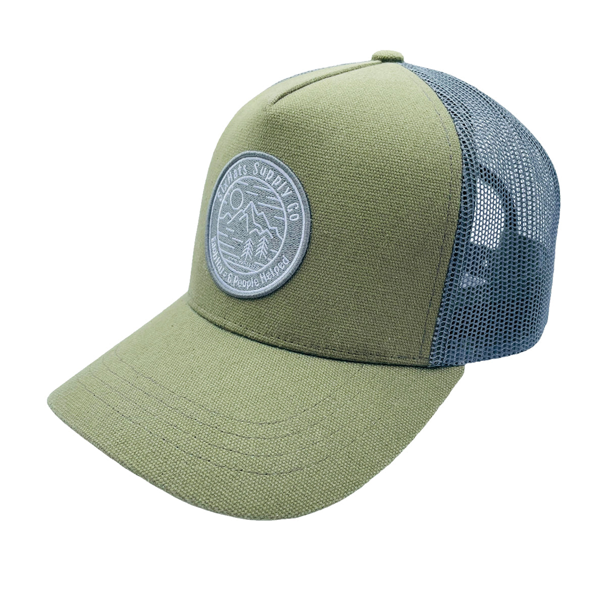 Green Canvas Adventure Snapback Hat featuring a hand-drawn mountain scene and grey mesh back for breathability.