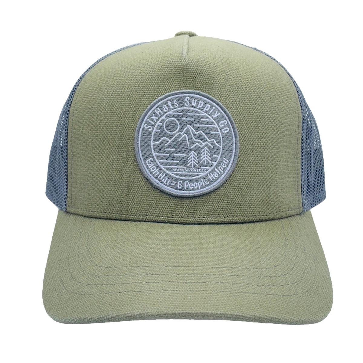 Green Canvas Adventure Snapback Hat featuring a hand-drawn mountain scene and grey mesh back for breathability.