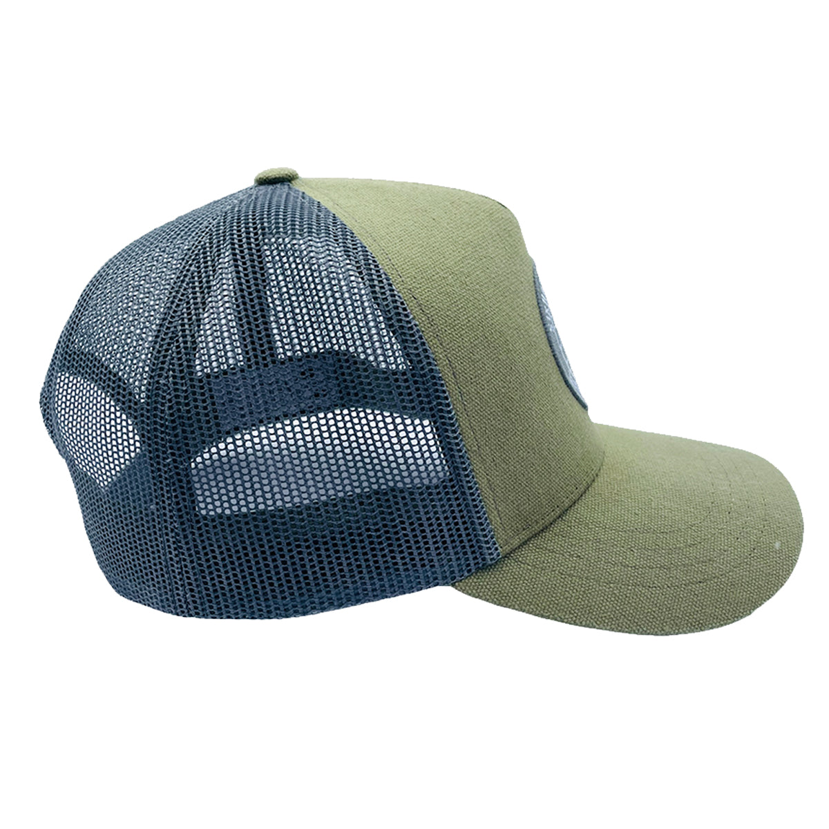 Green Canvas Adventure Snapback Hat featuring a hand-drawn mountain scene and grey mesh back for breathability.