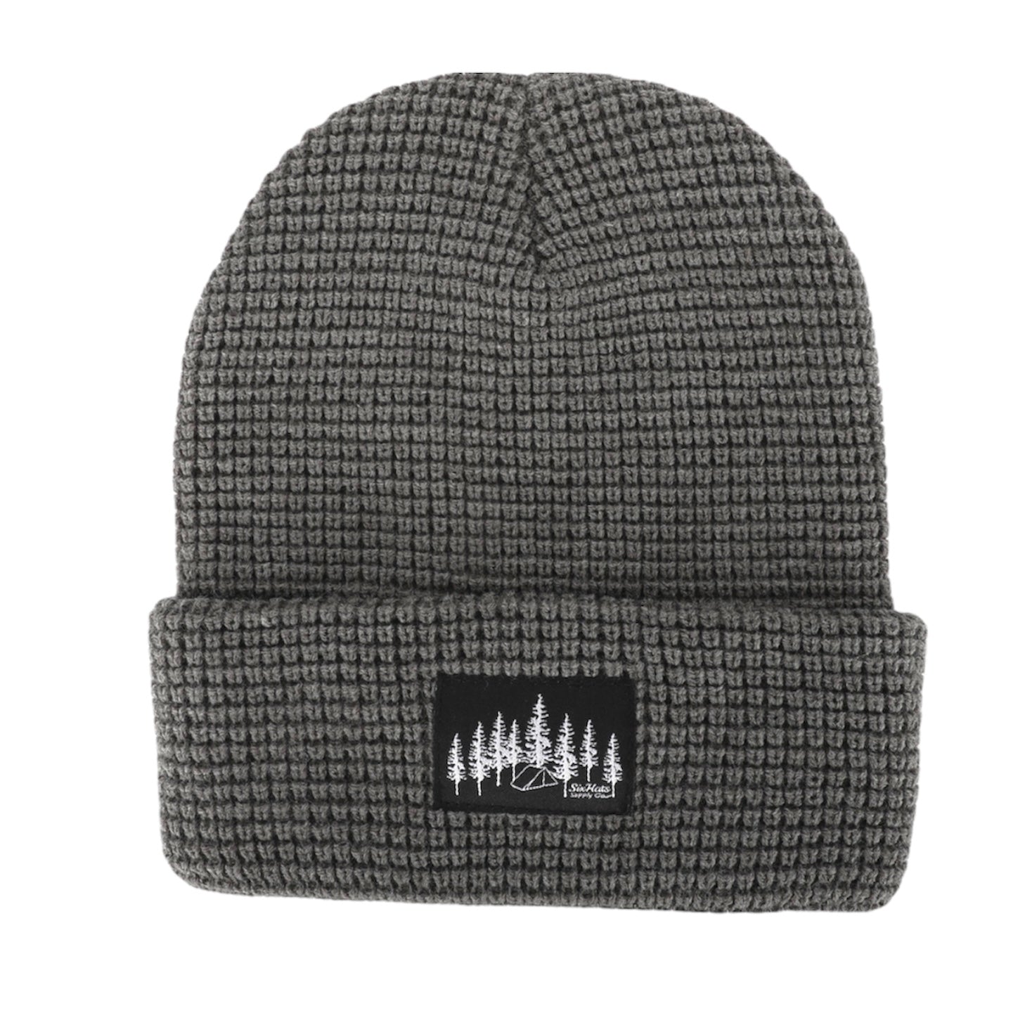 A stylish grey waffle knit beanie designed for warmth and comfort, featuring a woven Black Tree & Tent Explorer label.