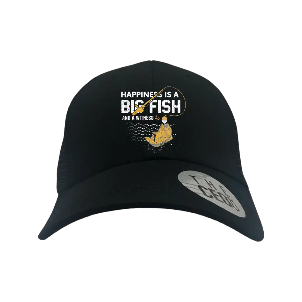 Happiness Is A Big Fish Embroidered Trucker Hat featuring a vibrant fish design on a cotton fabric with a snapback closure.