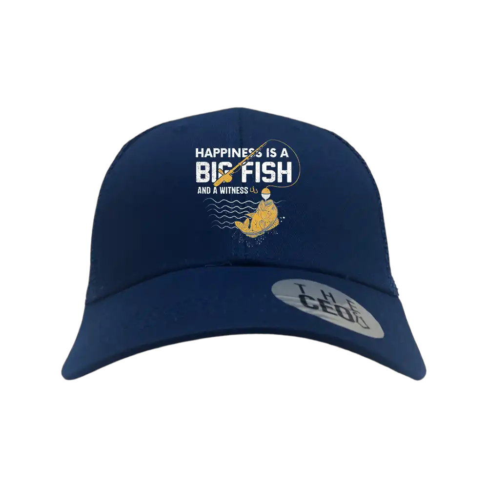 Happiness Is A Big Fish Embroidered Trucker Hat featuring a vibrant fish design on a cotton fabric with a snapback closure.