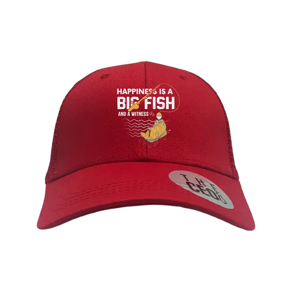 Happiness Is A Big Fish Embroidered Trucker Hat featuring a vibrant fish design on a cotton fabric with a snapback closure.