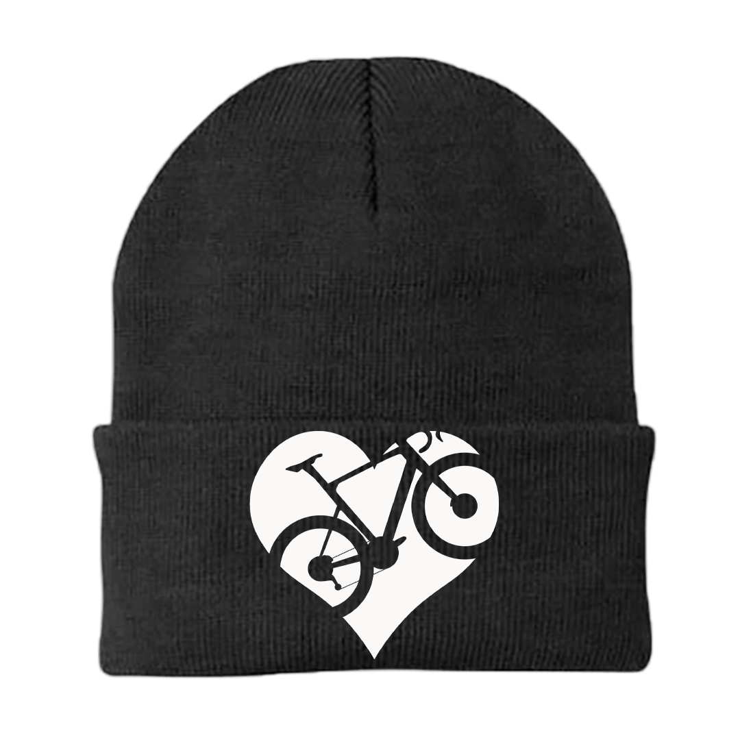 Heart Bike Embroidered Beanie showcasing a stylish design suitable for men and women, made from a cozy cotton-acrylic blend.