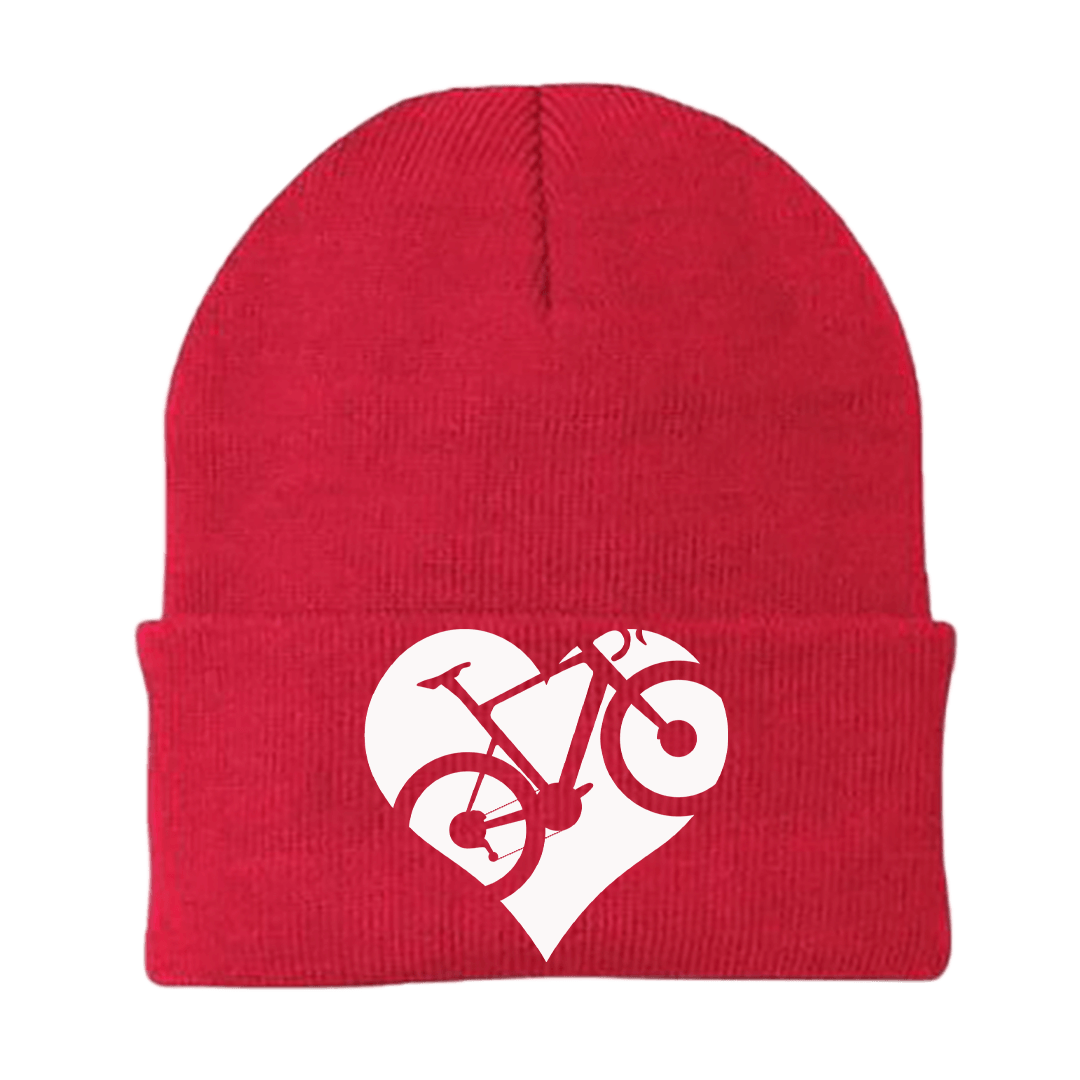 Heart Bike Embroidered Beanie showcasing a stylish design suitable for men and women, made from a cozy cotton-acrylic blend.