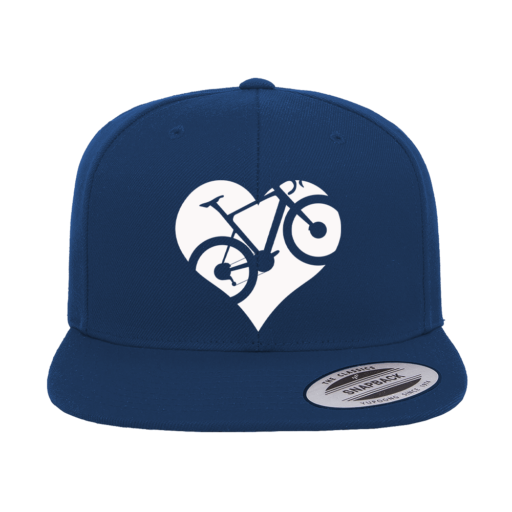 Heart Bike Embroidered Flat Bill Cap with green under visor, showcasing a stylish design suitable for men and women.