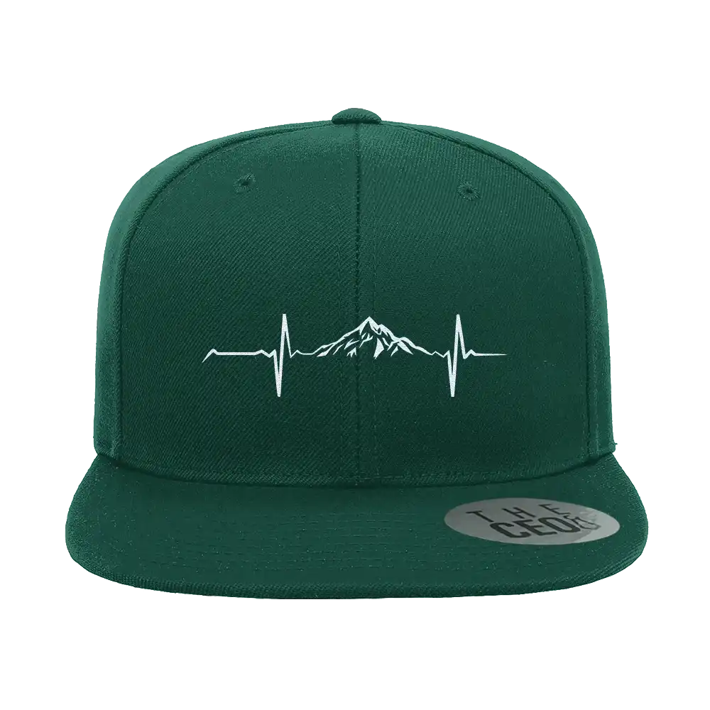 Heartbeat V1 Embroidered Flat Bill Cap showcasing its structured design and green under visor.