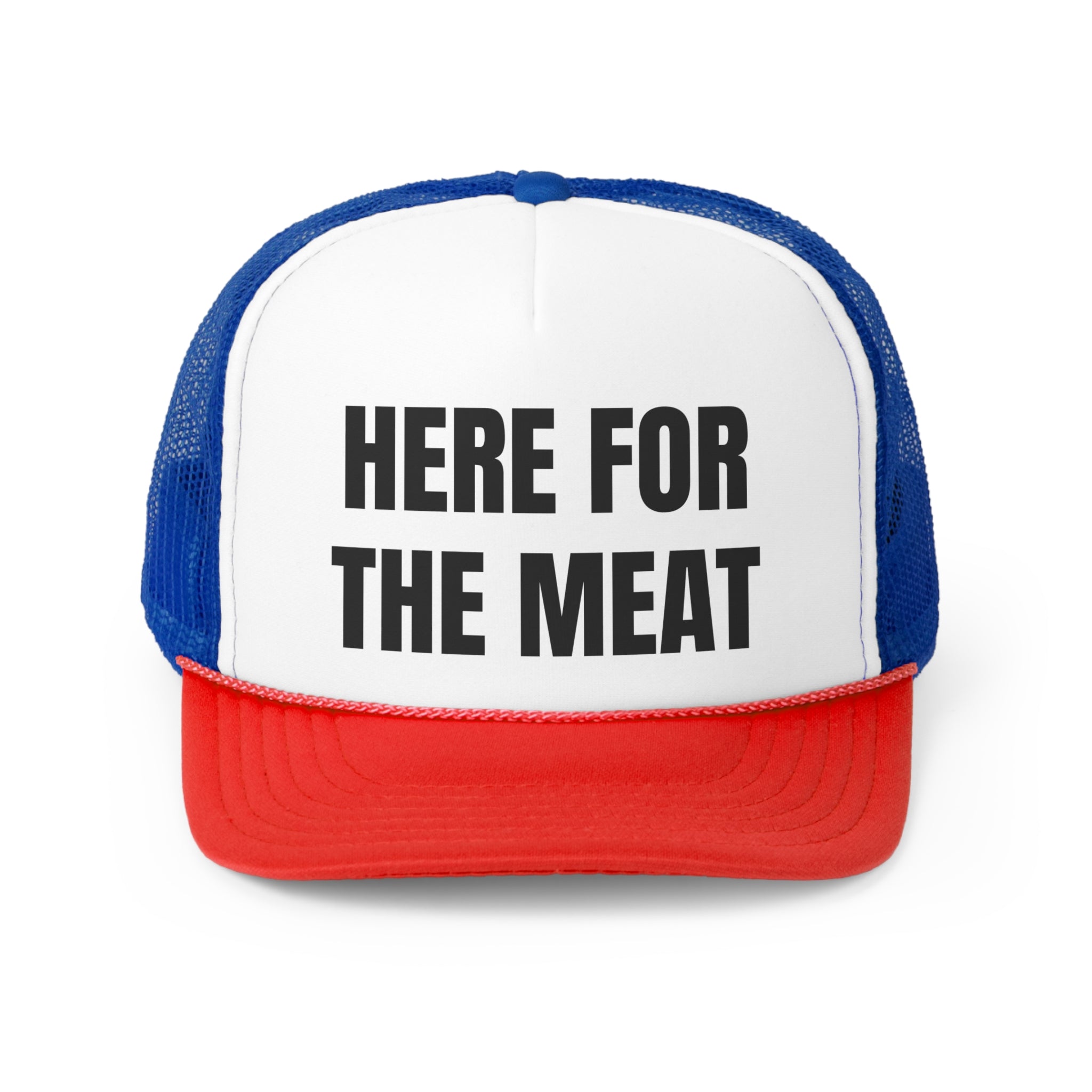 Here For The Meat Funny Trucker Hat featuring a humorous design with a comfortable polyester front and breathable mesh back.