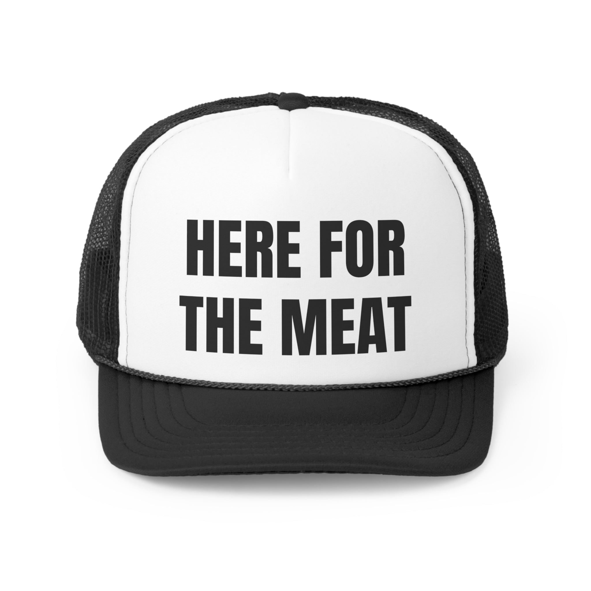 Here For The Meat Funny Trucker Hat featuring a humorous design with a comfortable polyester front and breathable mesh back.