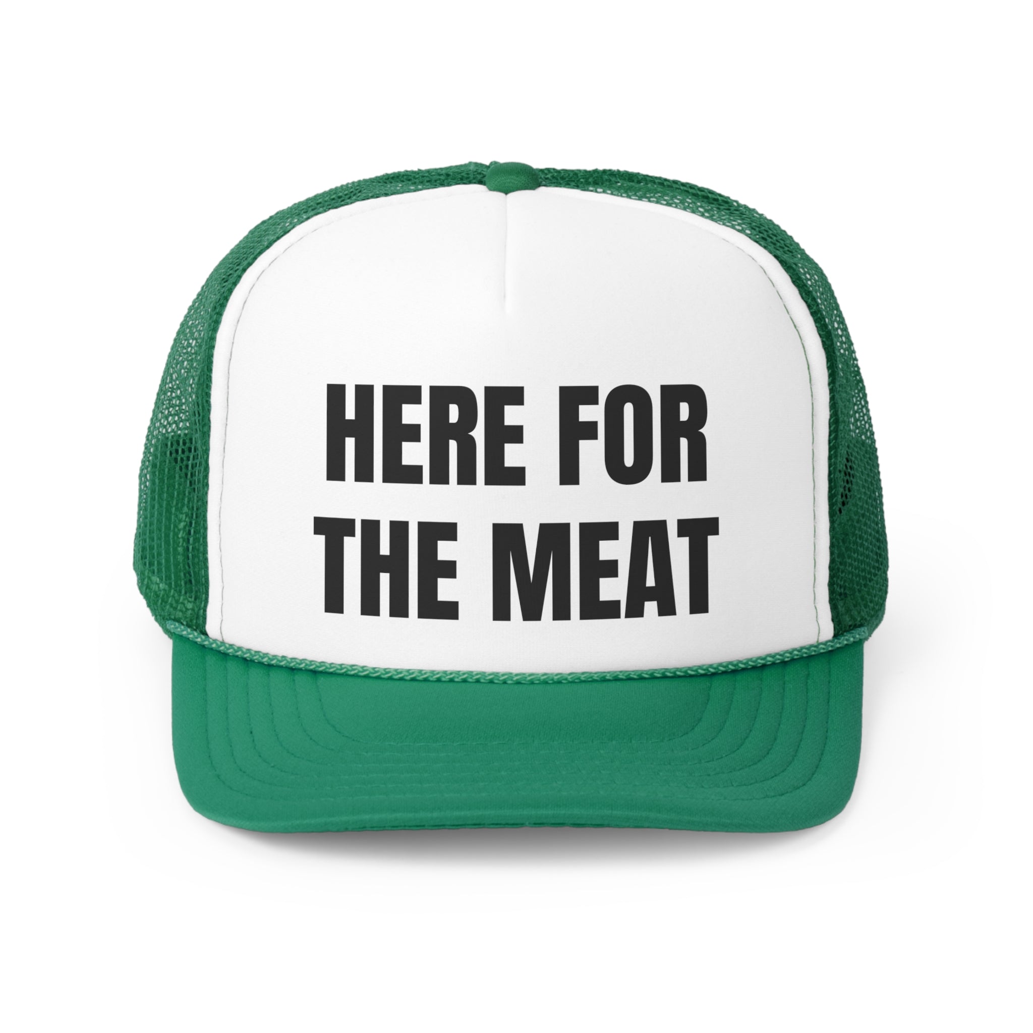 Here For The Meat Funny Trucker Hat featuring a humorous design with a comfortable polyester front and breathable mesh back.