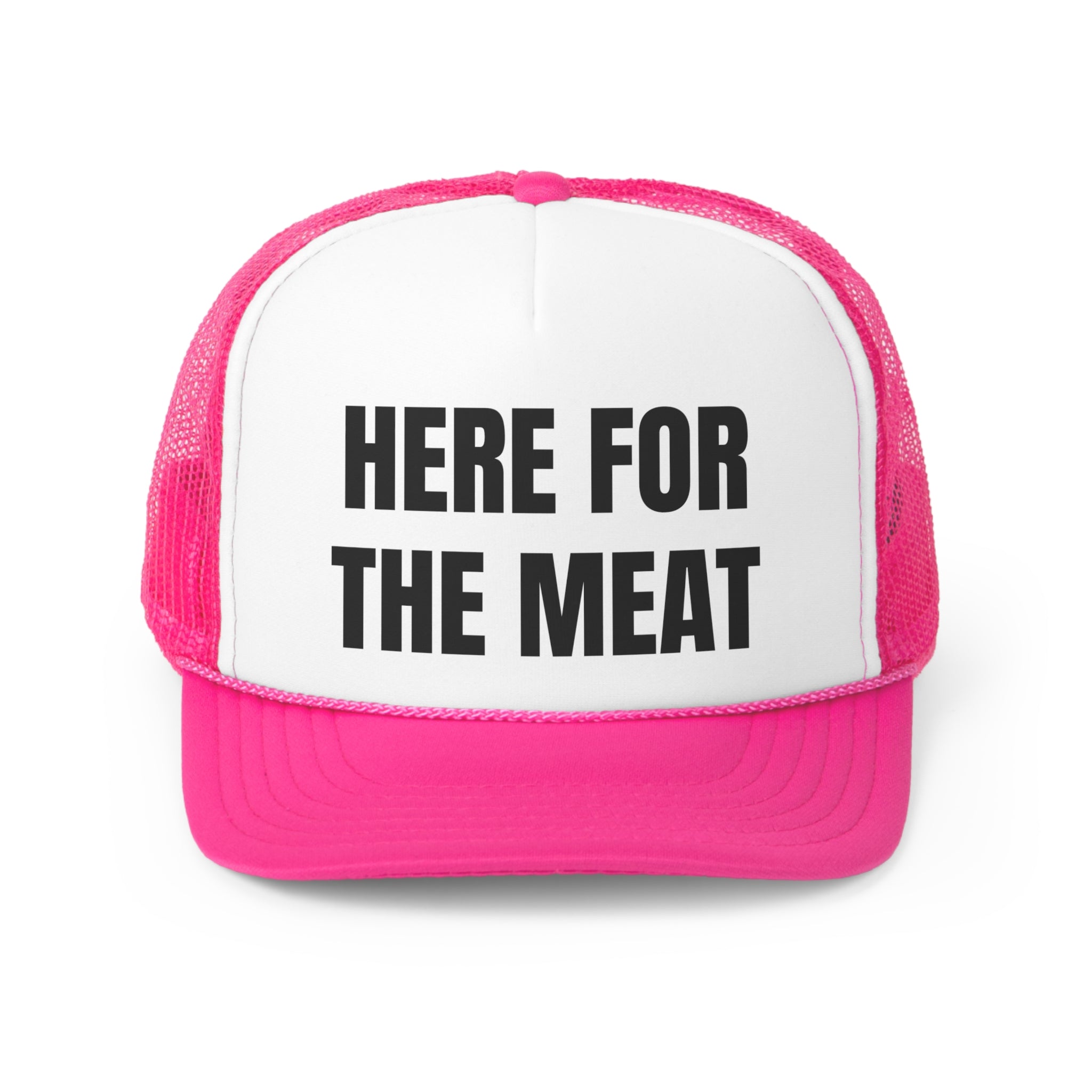 Here For The Meat Funny Trucker Hat featuring a humorous design with a comfortable polyester front and breathable mesh back.