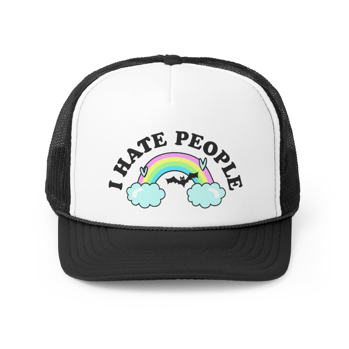 I Hate People Trucker Cap featuring a polyester foam front and nylon mesh back, available in four colors with adjustable snap closure.