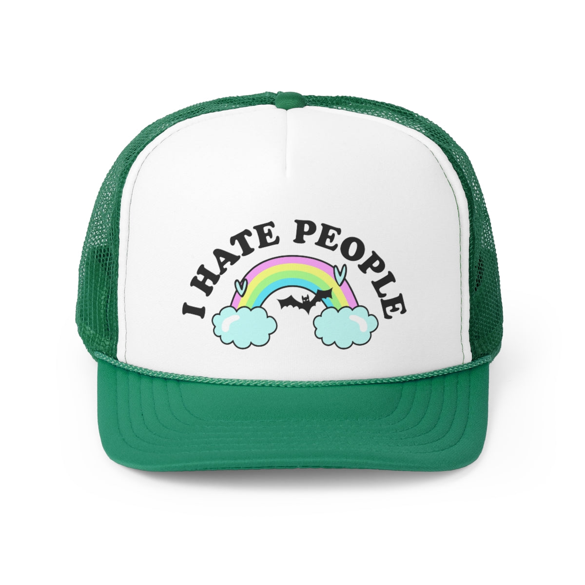 I Hate People Trucker Cap featuring a polyester foam front and nylon mesh back, available in four colors with adjustable snap closure.