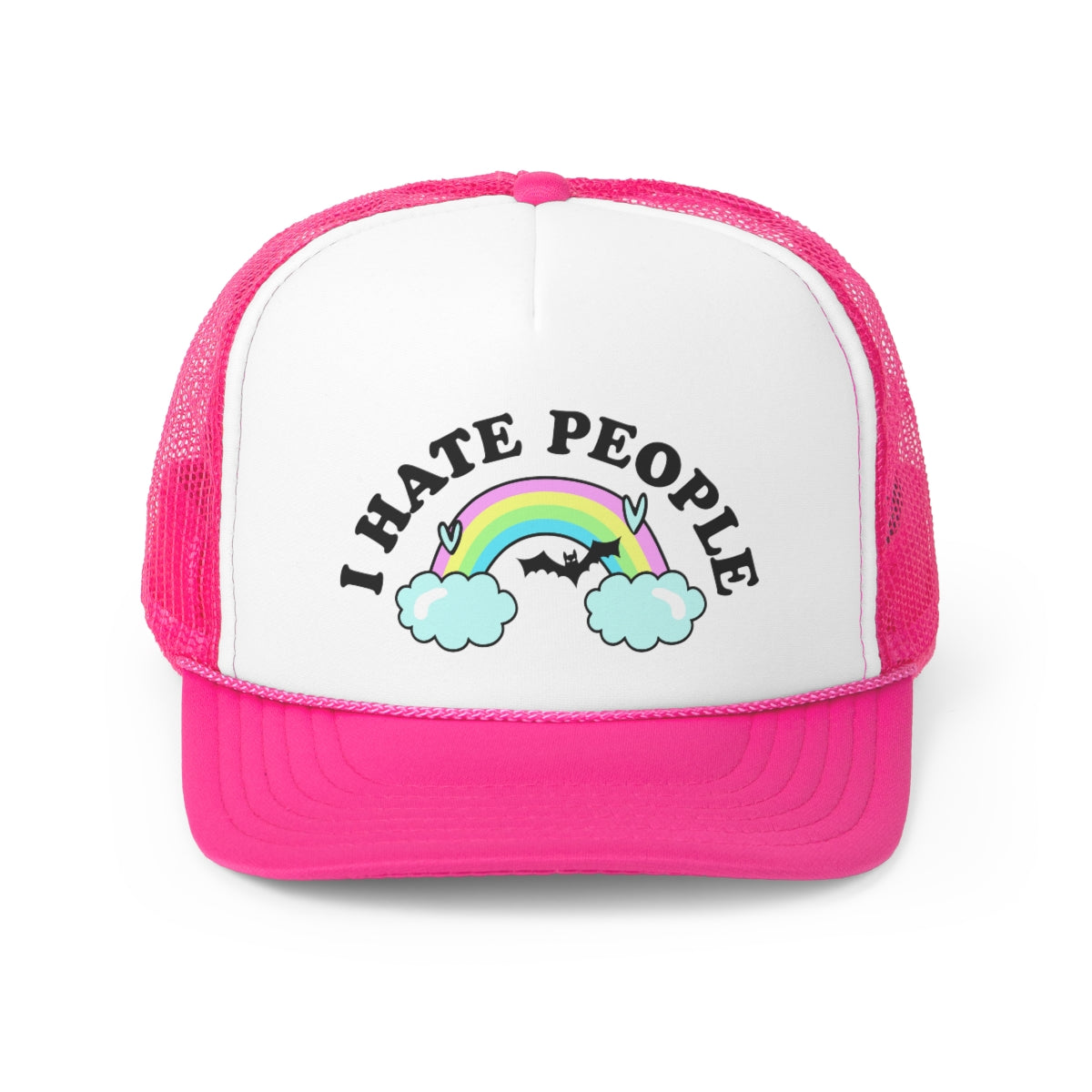 I Hate People Trucker Cap featuring a polyester foam front and nylon mesh back, available in four colors with adjustable snap closure.