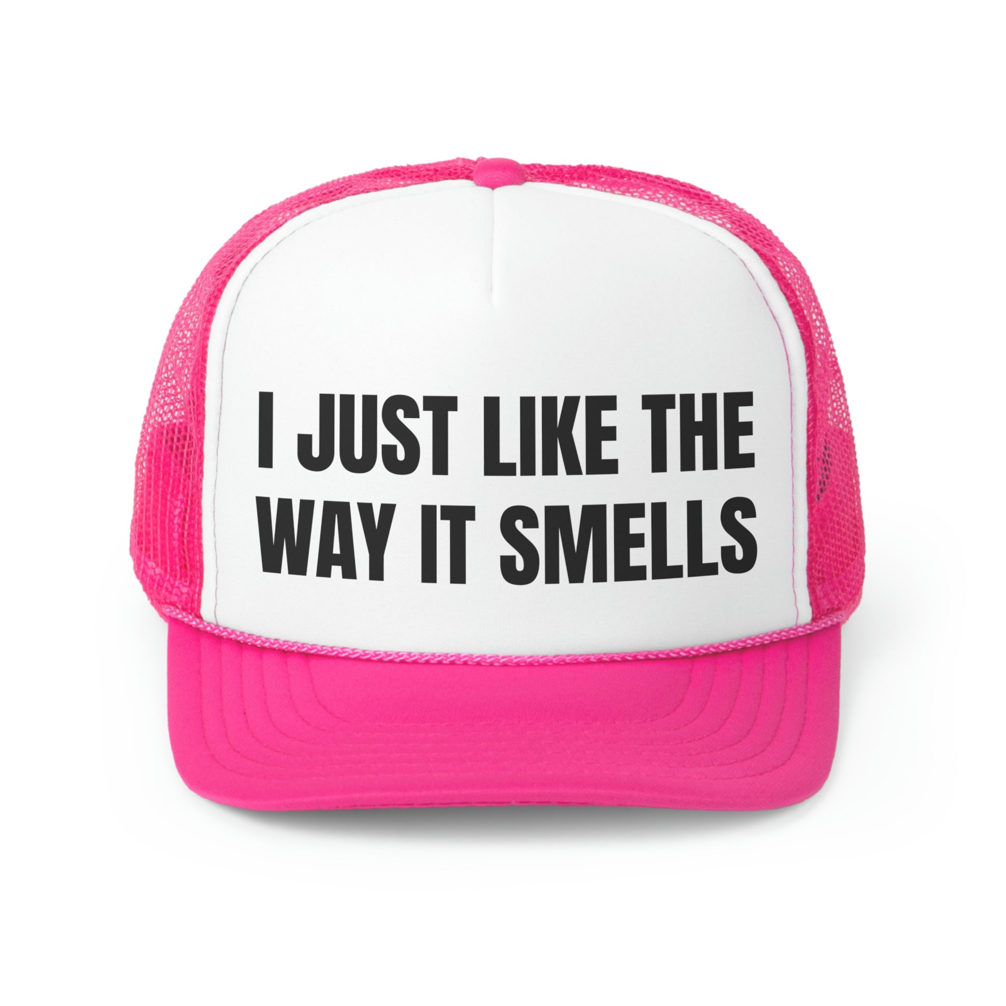 I Just Like The Way It Smells Funny Trucker Hat featuring a humorous design with a comfortable polyester front and breathable mesh back.