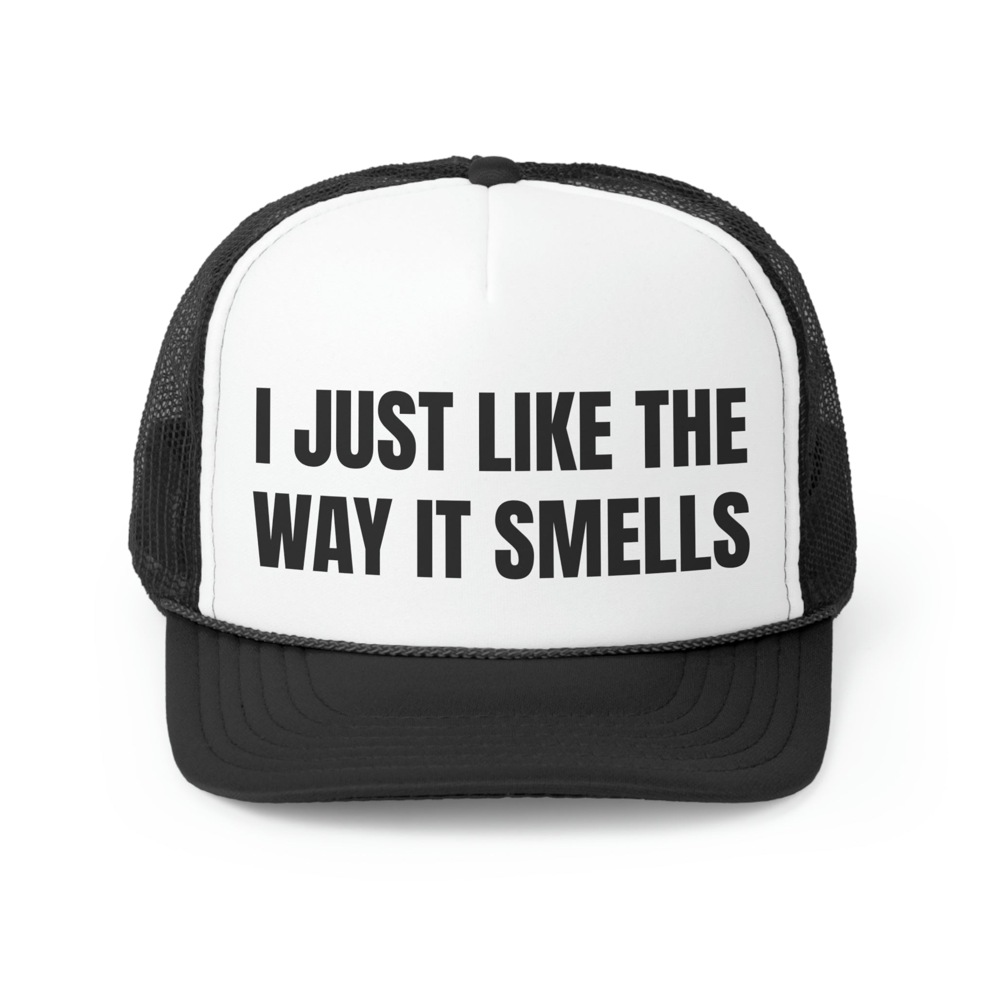 I Just Like The Way It Smells Funny Trucker Hat featuring a humorous design with a comfortable polyester front and breathable mesh back.