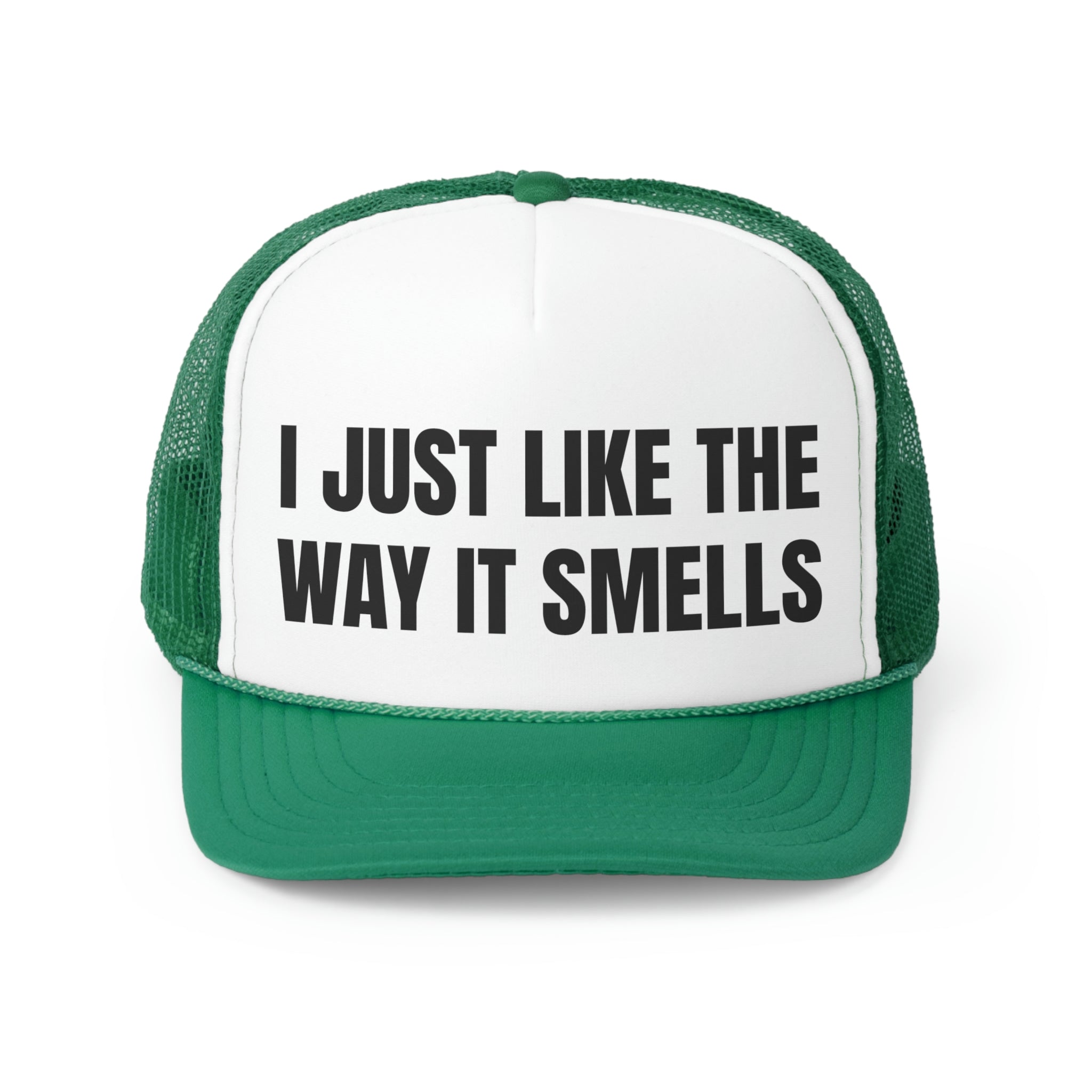 I Just Like The Way It Smells Funny Trucker Hat featuring a humorous design with a comfortable polyester front and breathable mesh back.