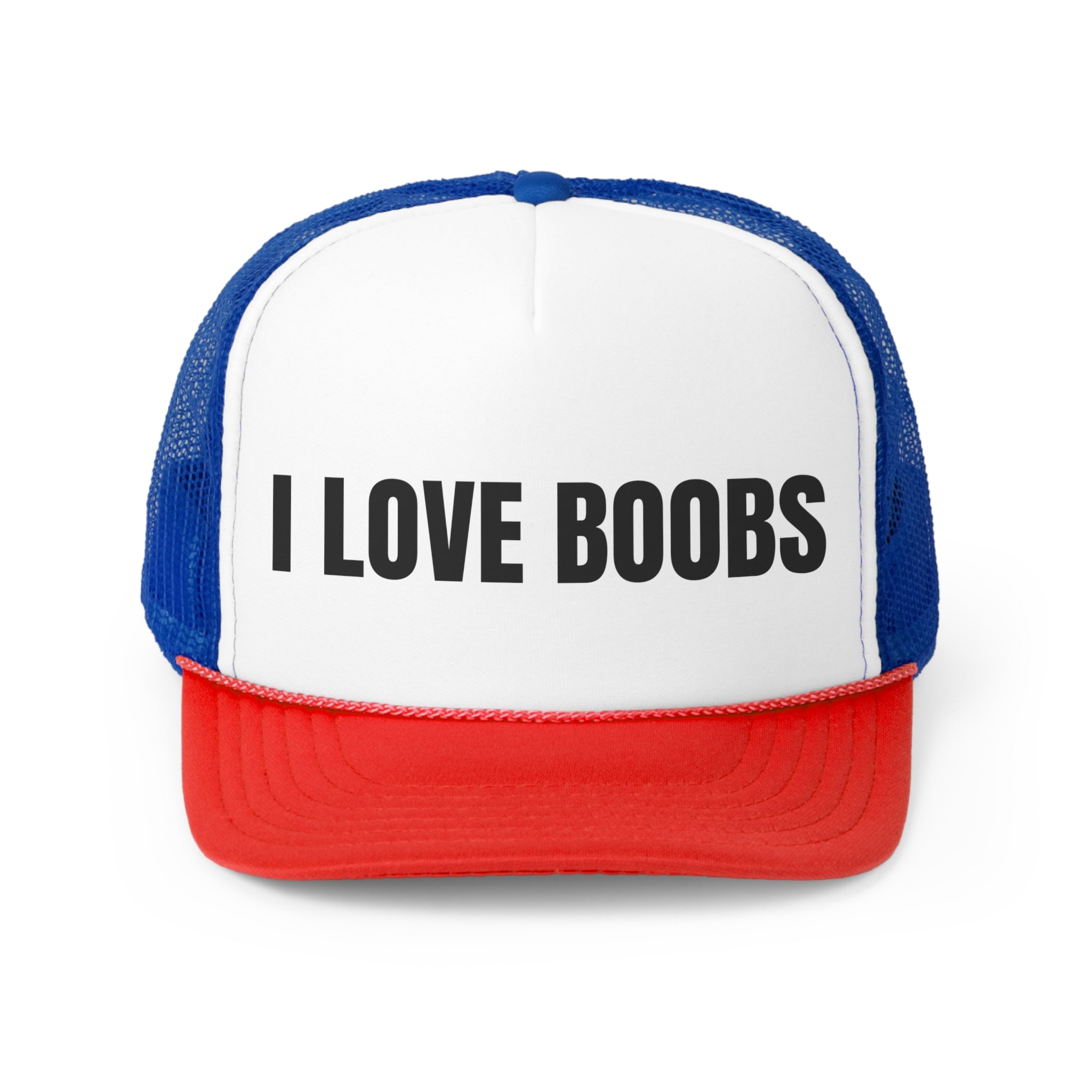 I Love Boobs Funny Trucker Hat featuring a humorous design with a comfortable polyester front and breathable mesh back.