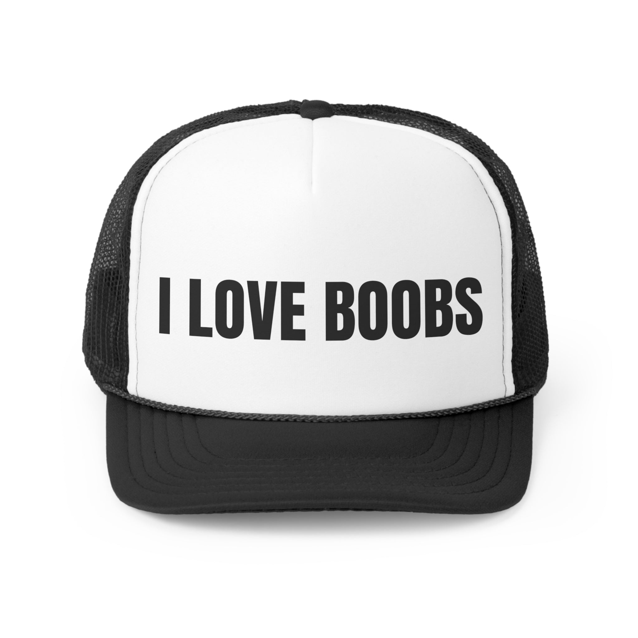 I Love Boobs Funny Trucker Hat featuring a humorous design with a comfortable polyester front and breathable mesh back.