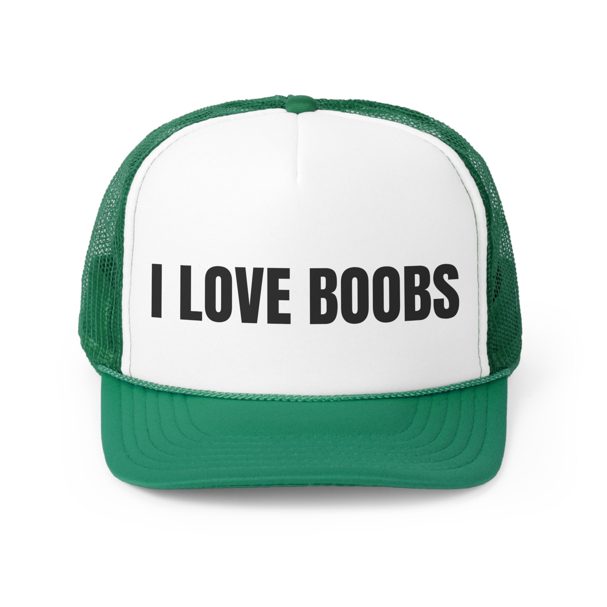 I Love Boobs Funny Trucker Hat featuring a humorous design with a comfortable polyester front and breathable mesh back.