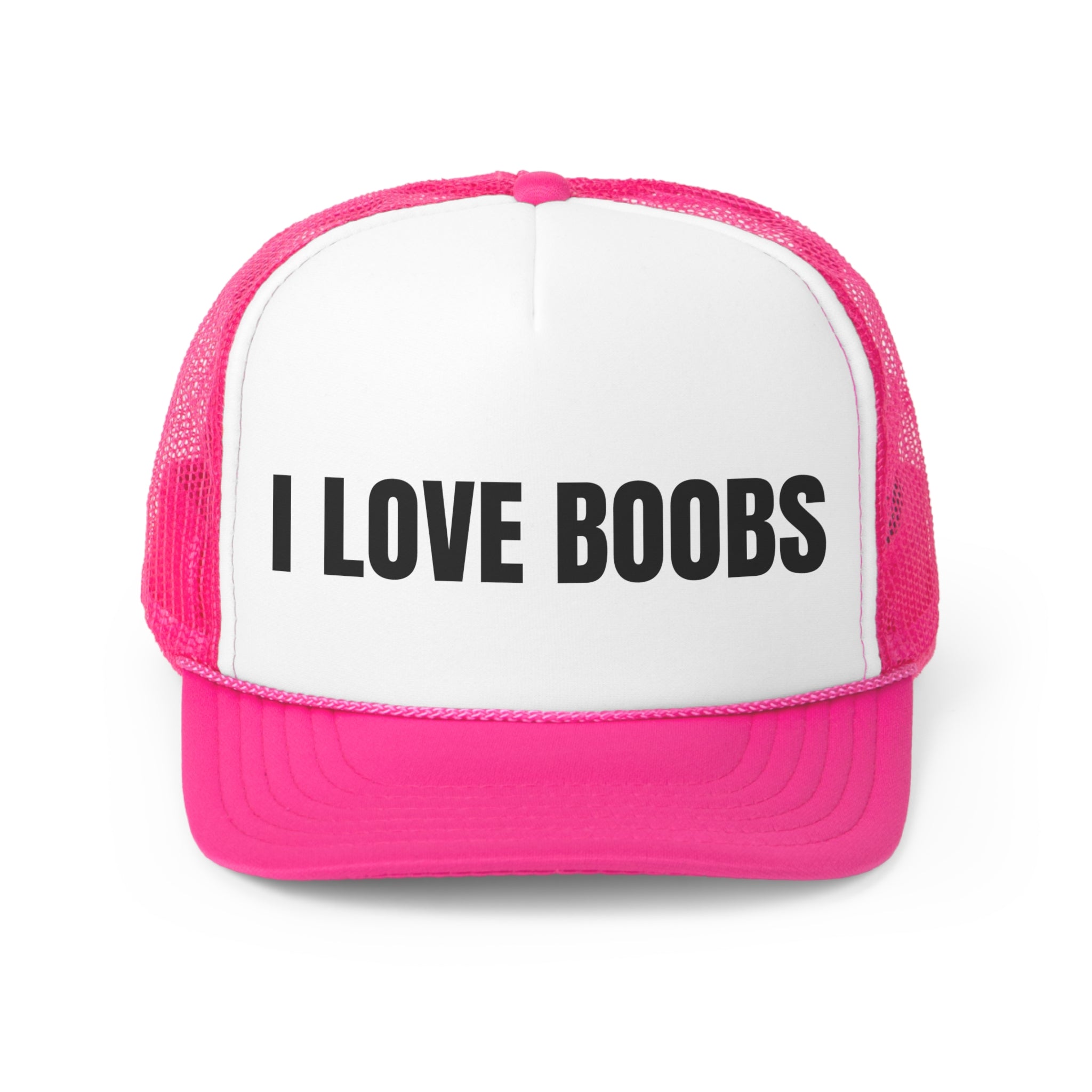 I Love Boobs Funny Trucker Hat featuring a humorous design with a comfortable polyester front and breathable mesh back.