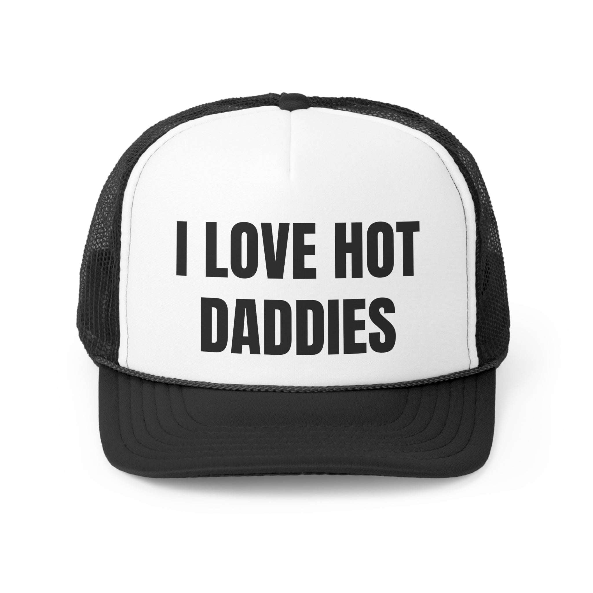 I Love Hot Daddies Funny Trucker Hat featuring a humorous design with a comfortable fit and adjustable snap closure.